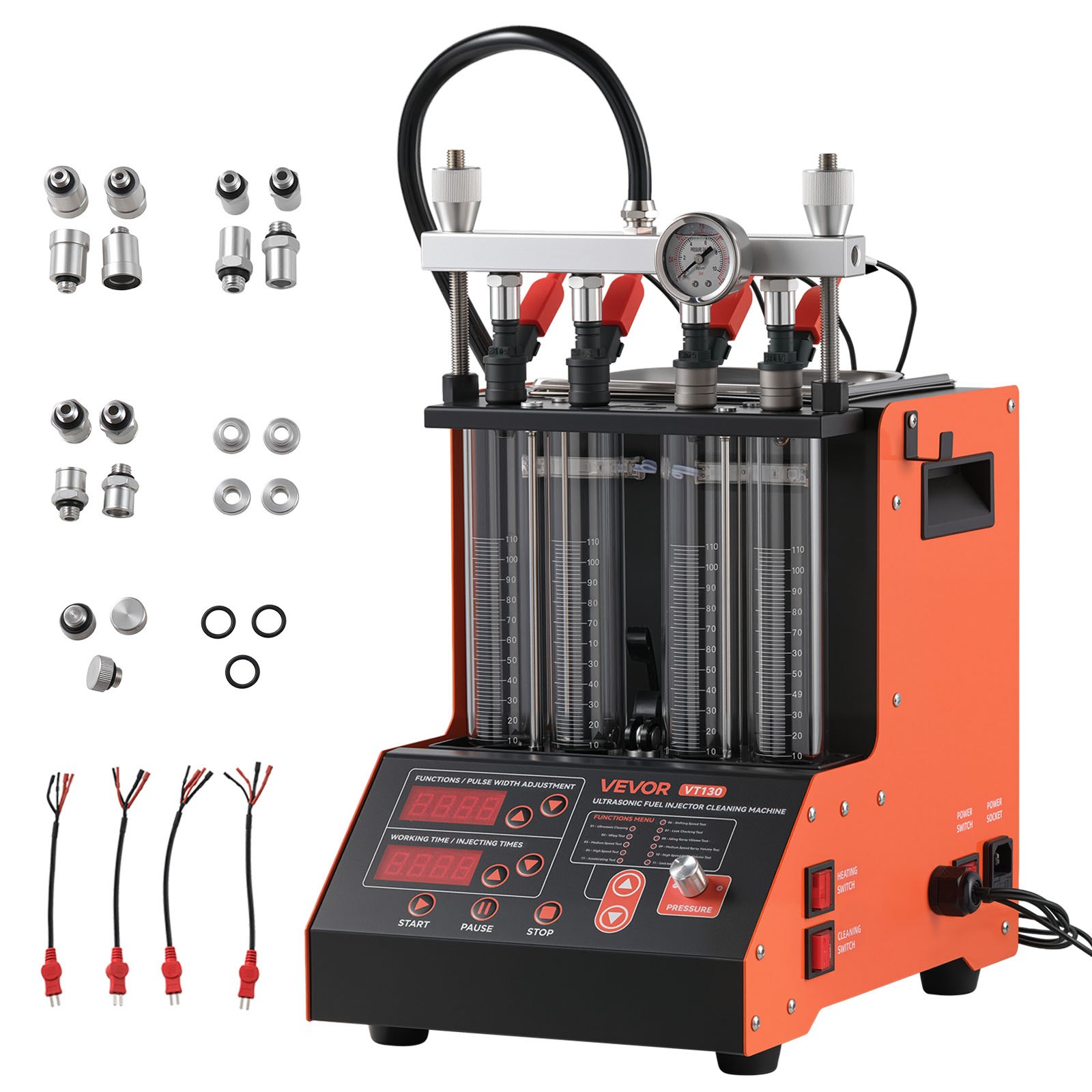 VEVOR Limpiador de Inyectores 9 Modos de Prueba 3 Modos de Limpieza, Máquina de Limpieza Ultrasónica de 4 Cilindros y 28 kHz, con Válvula de Drenaje y Voltaje de 12 V para Automóviles y Motocicletas