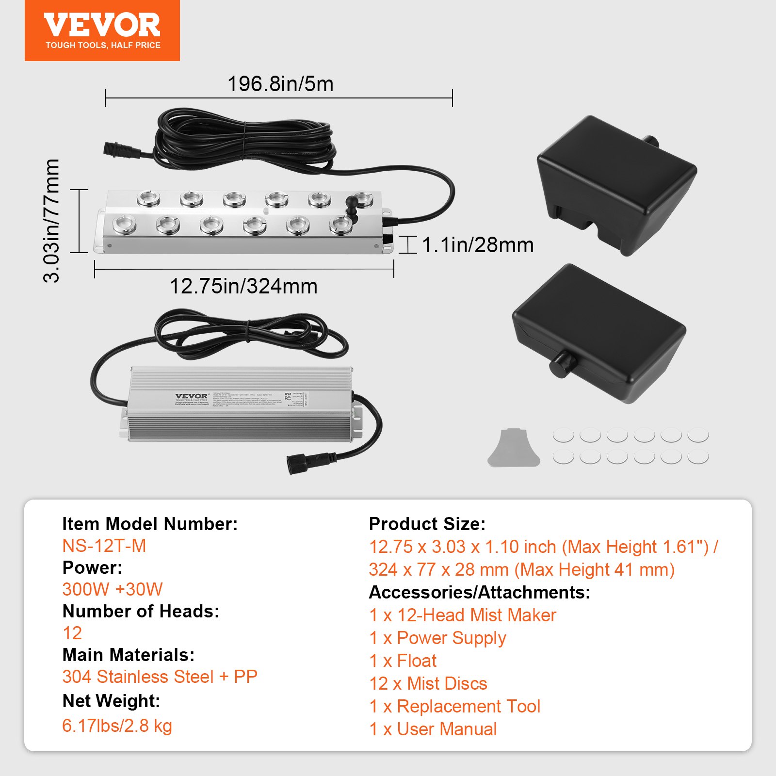 VEVOR - Generador de niebla ultrasónico de 12 cabezales, 9000 ml/h, generador de niebla con fuente de alimentación impermeable IP67 de 300 W, boya, discos de repuesto, para estanque, jardín, rocalla, invernadero, decoración de Halloween