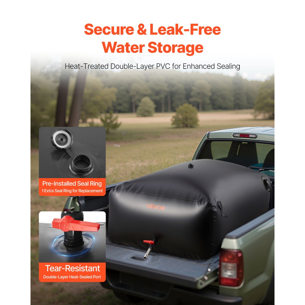 VEVOR ​Vejiga del Almacenamiento de Agua con Válvula 1000 L, Bolsa de Agua de PVC Doble Capa 1000D, Portátil y Plegable, Resistente a Fugas, para Autocaravanas, Camiones, Uso en Exteriores, Negro