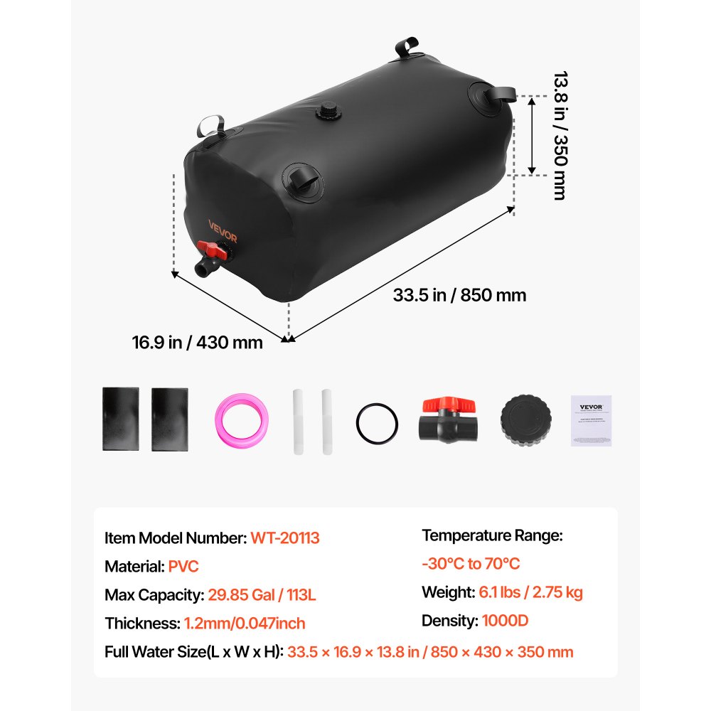 VEVOR Water Storage Bladder, 113L Water Storage Container Tank, 1000D PVC Thickened Soft Bag Bladder, Collapsible Portable for Garden Irrigation, Camping, RVs, Emergency Use - Black