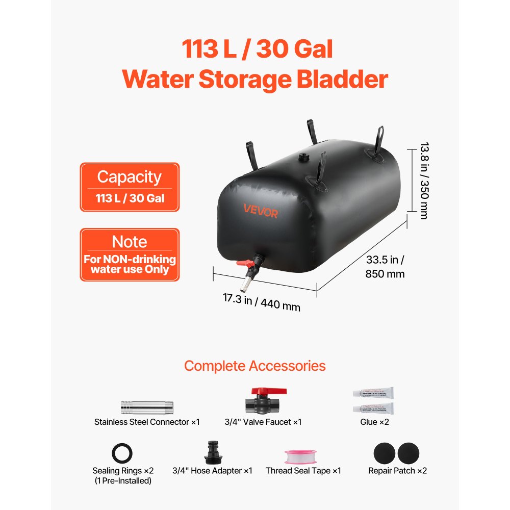 VEVOR ​Vejiga del Almacenamiento de Agua con Válvula 113 L, Bolsa de Agua de PVC Doble Capa 1000D, Portátil y Plegable, Resistente a Fugas, para Autocaravanas, Camiones, Uso en Exteriores, Negro