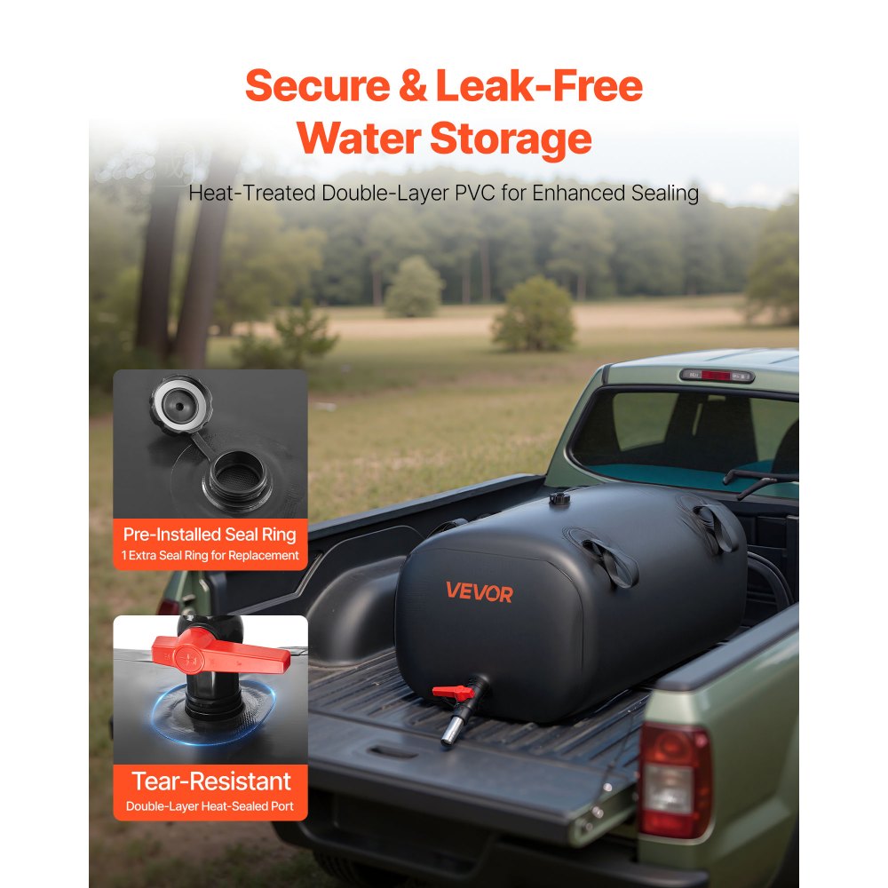 VEVOR ​Vejiga del Almacenamiento de Agua con Válvula 113 L, Bolsa de Agua de PVC Doble Capa 1000D, Portátil y Plegable, Resistente a Fugas, para Autocaravanas, Camiones, Uso en Exteriores, Negro