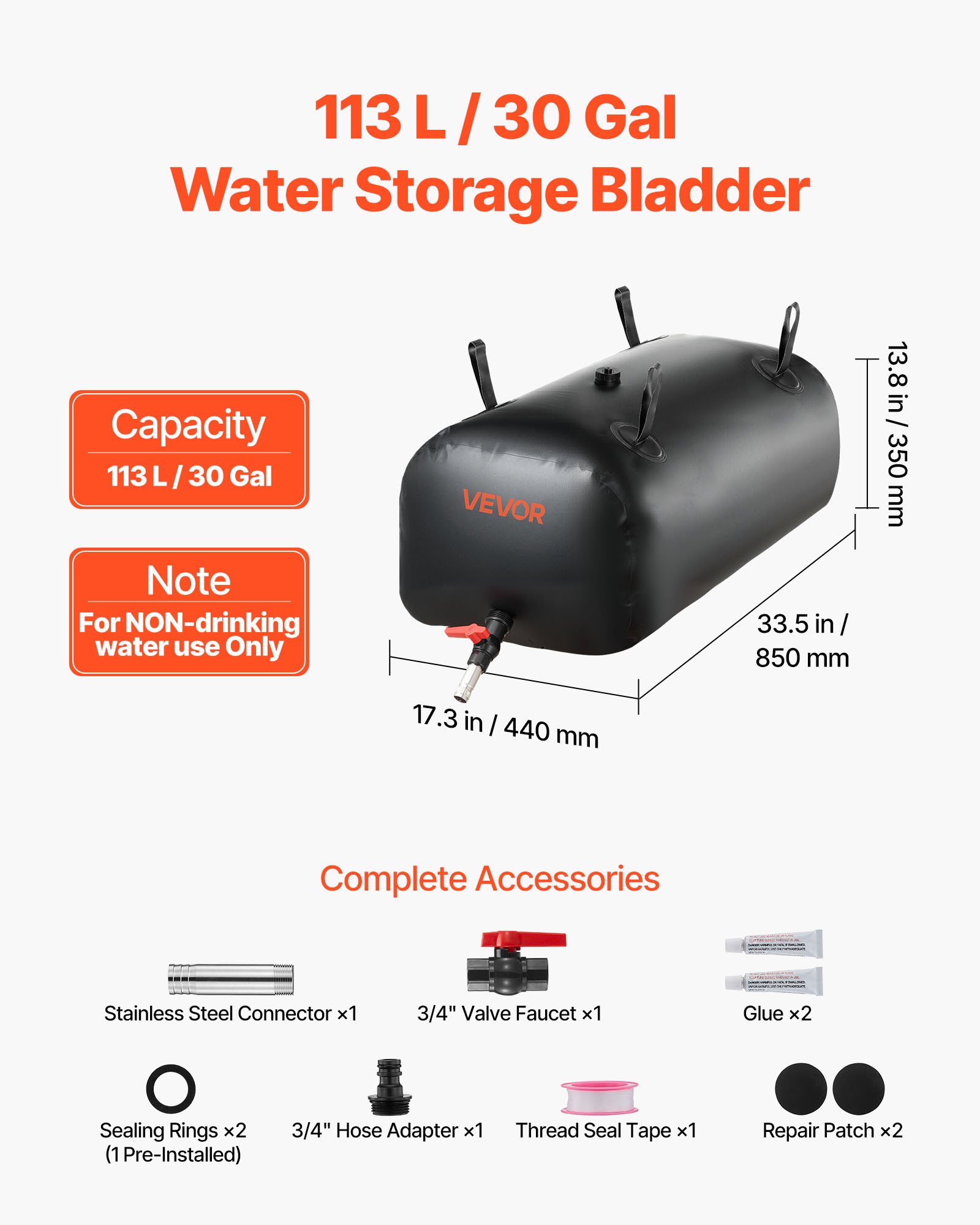VEVOR ​Vejiga del Almacenamiento de Agua con Válvula 113 L, Bolsa de Agua de PVC Doble Capa 1000D, Portátil y Plegable, Resistente a Fugas, para Autocaravanas, Camiones, Uso en Exteriores, Negro