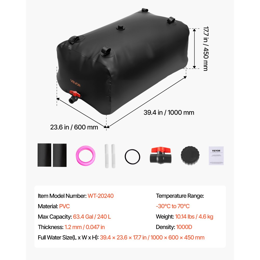VEVOR Water Storage Bladder, 240L Water Storage Container Tank, 1000D PVC Large Capacity Soft Bag Bladder, Collapsible Portable for Garden Irrigation, Camping, RVs, Emergency Use - Black
