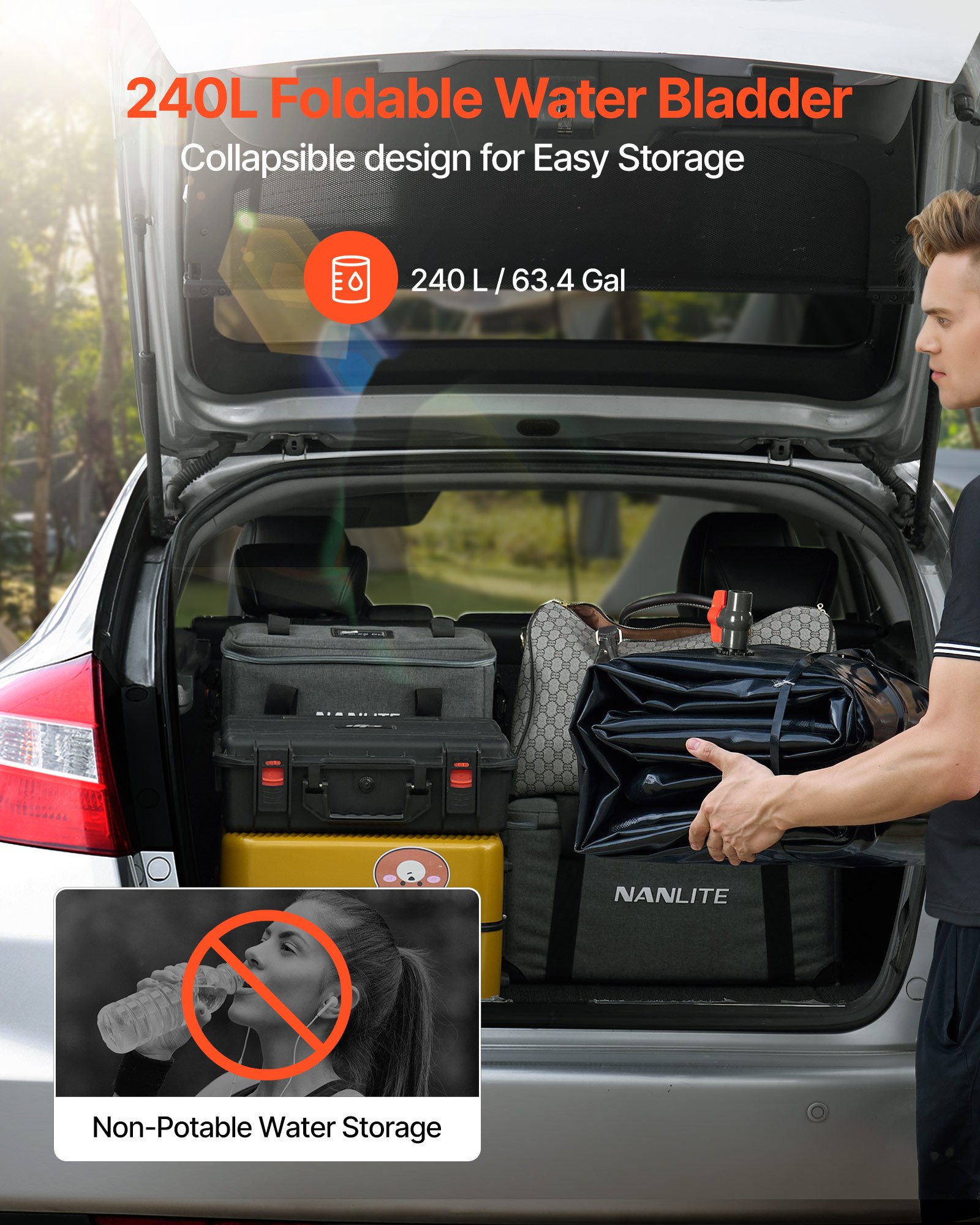 VEVOR Water Storage Bladder, 240L Water Storage Container Tank, 1000D PVC Large Capacity Soft Bag Bladder, Collapsible Portable for Garden Irrigation, Camping, RVs, Emergency Use - Black