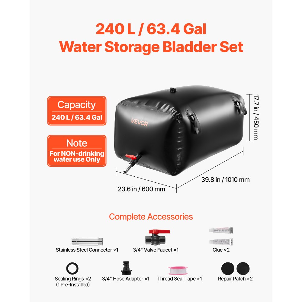 VEVOR ​Vejiga del Almacenamiento de Agua con Válvula 240 L, Bolsa de Agua de PVC Doble Capa 1000D, Portátil y Plegable, Resistente a Fugas, para Autocaravanas, Camiones, Uso en Exteriores, Negro