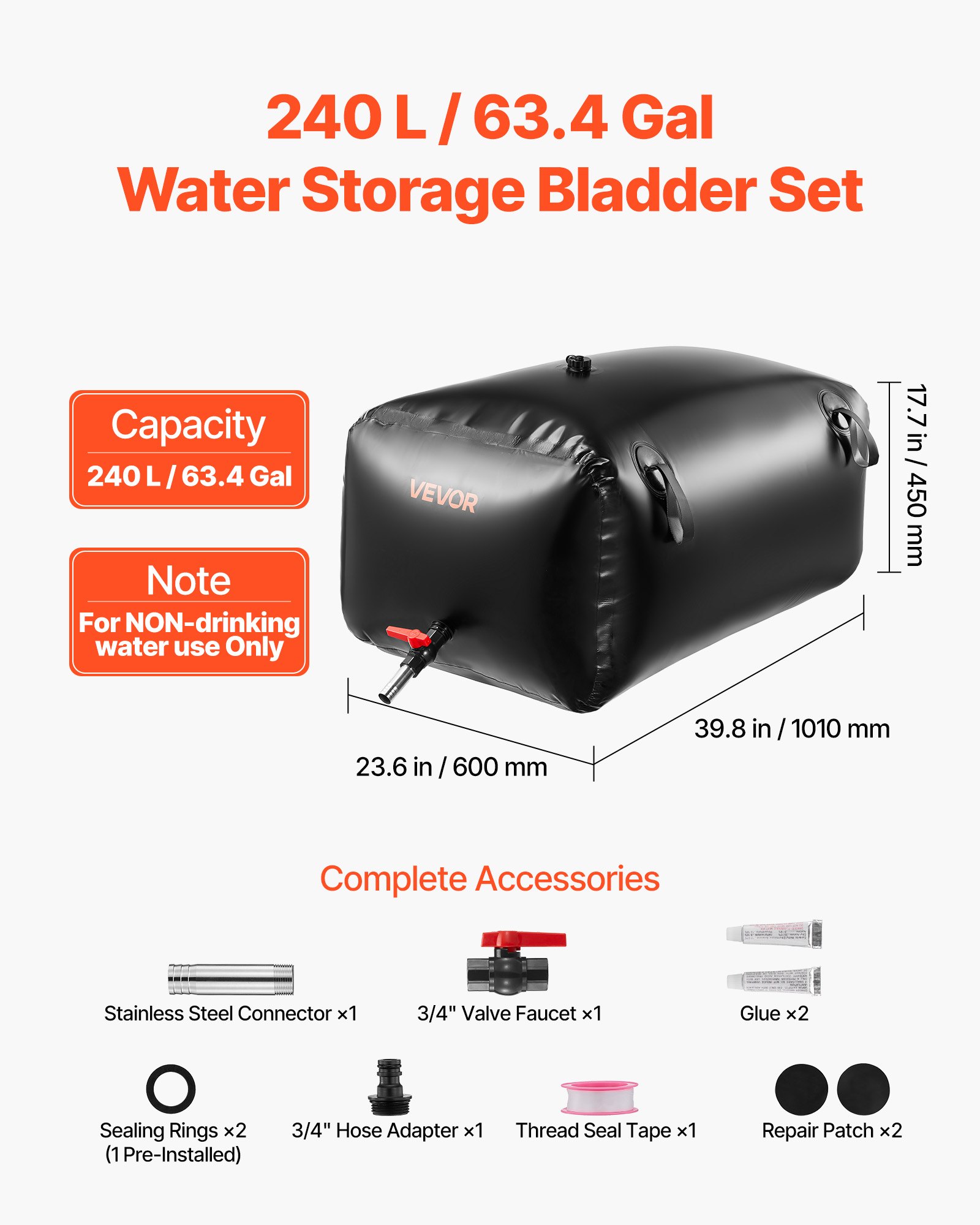 VEVOR ​Vejiga del Almacenamiento de Agua con Válvula 240 L, Bolsa de Agua de PVC Doble Capa 1000D, Portátil y Plegable, Resistente a Fugas, para Autocaravanas, Camiones, Uso en Exteriores, Negro