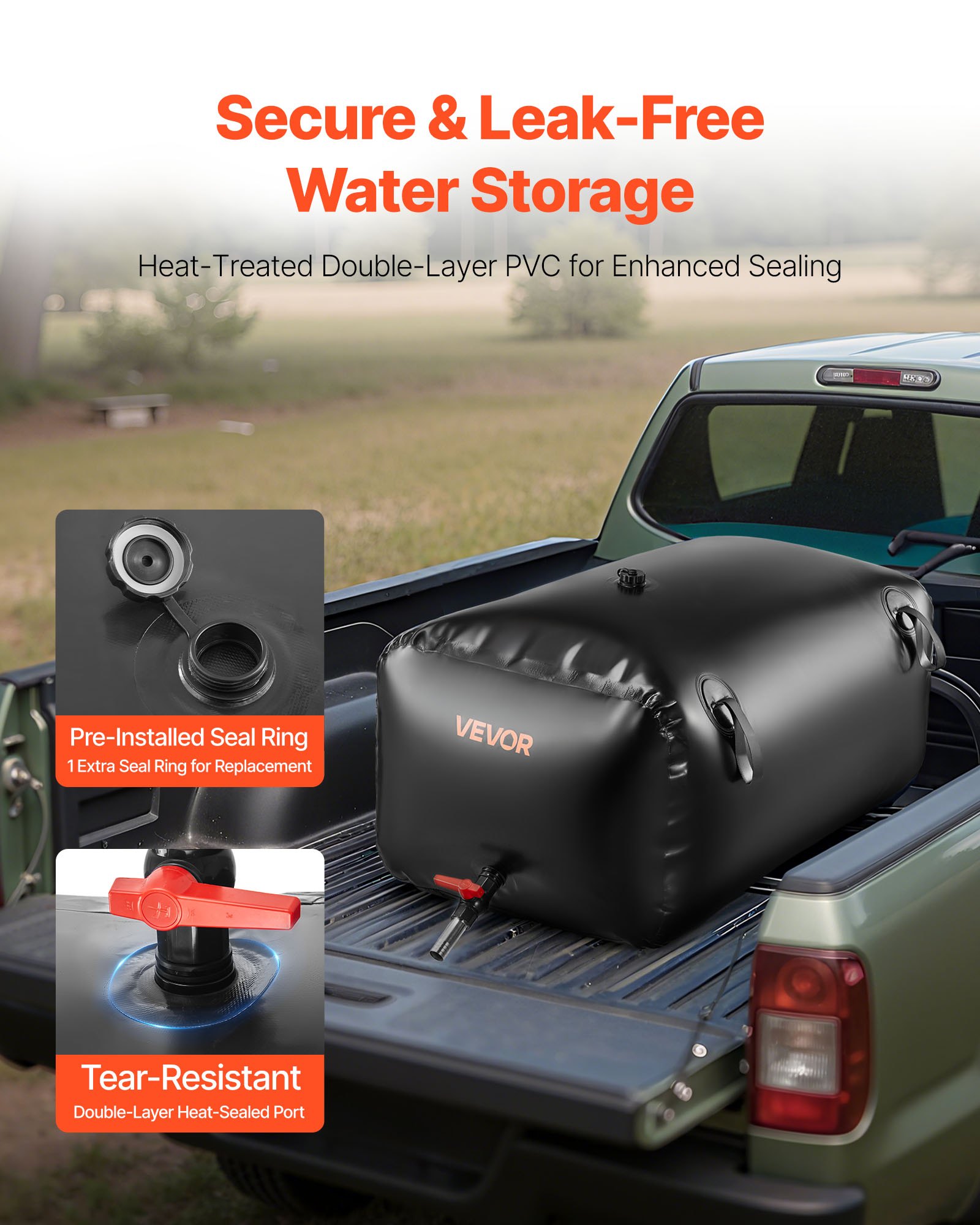 VEVOR ​Vejiga del Almacenamiento de Agua con Válvula 240 L, Bolsa de Agua de PVC Doble Capa 1000D, Portátil y Plegable, Resistente a Fugas, para Autocaravanas, Camiones, Uso en Exteriores, Negro