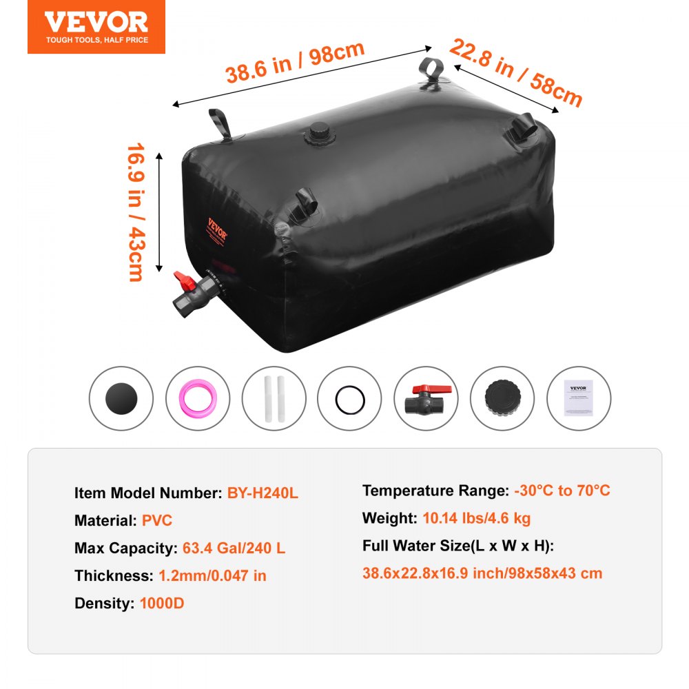 VEVOR Vejiga de Almacenamiento de Agua 200L Tanque de Agua Plegable de PVC 1000D Contenedor Blando de Agua de Portátil Bolsa de Agua Gran Capacidad para Prevención de Incendios, Autocaravana, Negro