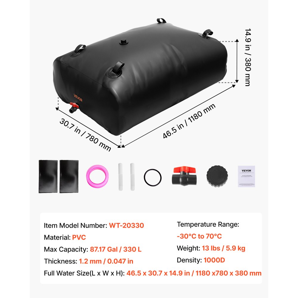 VEVOR Tanque de Agua Blanda, Depósito de Agua Flexible Plegable de PVC 1000D, Bolsa Flexible Portátil de Gran Capacidad de 330 L para Riego de Jardines, Camping y Prevención de Incendios, Negro