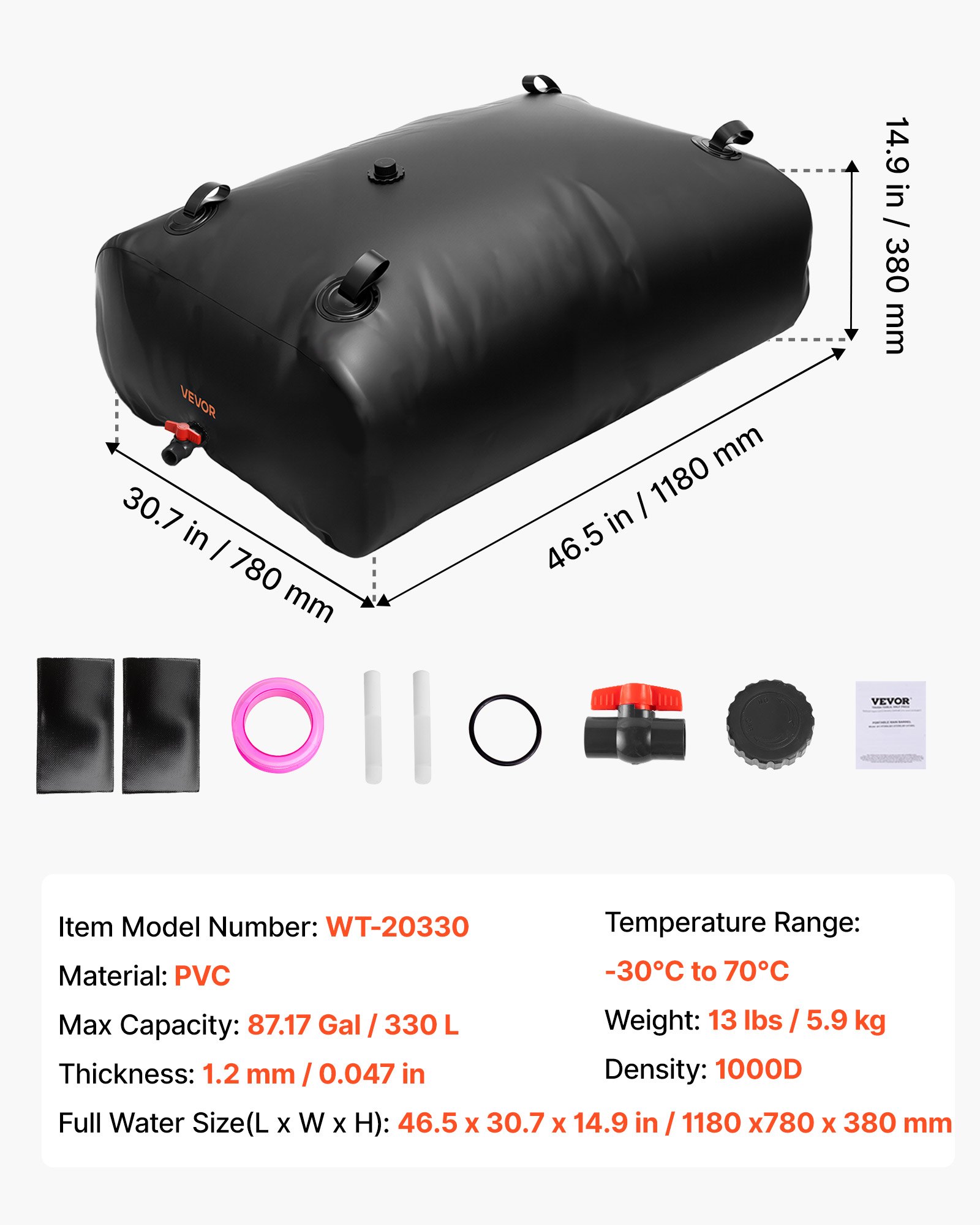 VEVOR Tanque de Agua Blanda, Depósito de Agua Flexible Plegable de PVC 1000D, Bolsa Flexible Portátil de Gran Capacidad de 330 L para Riego de Jardines, Camping y Prevención de Incendios, Negro