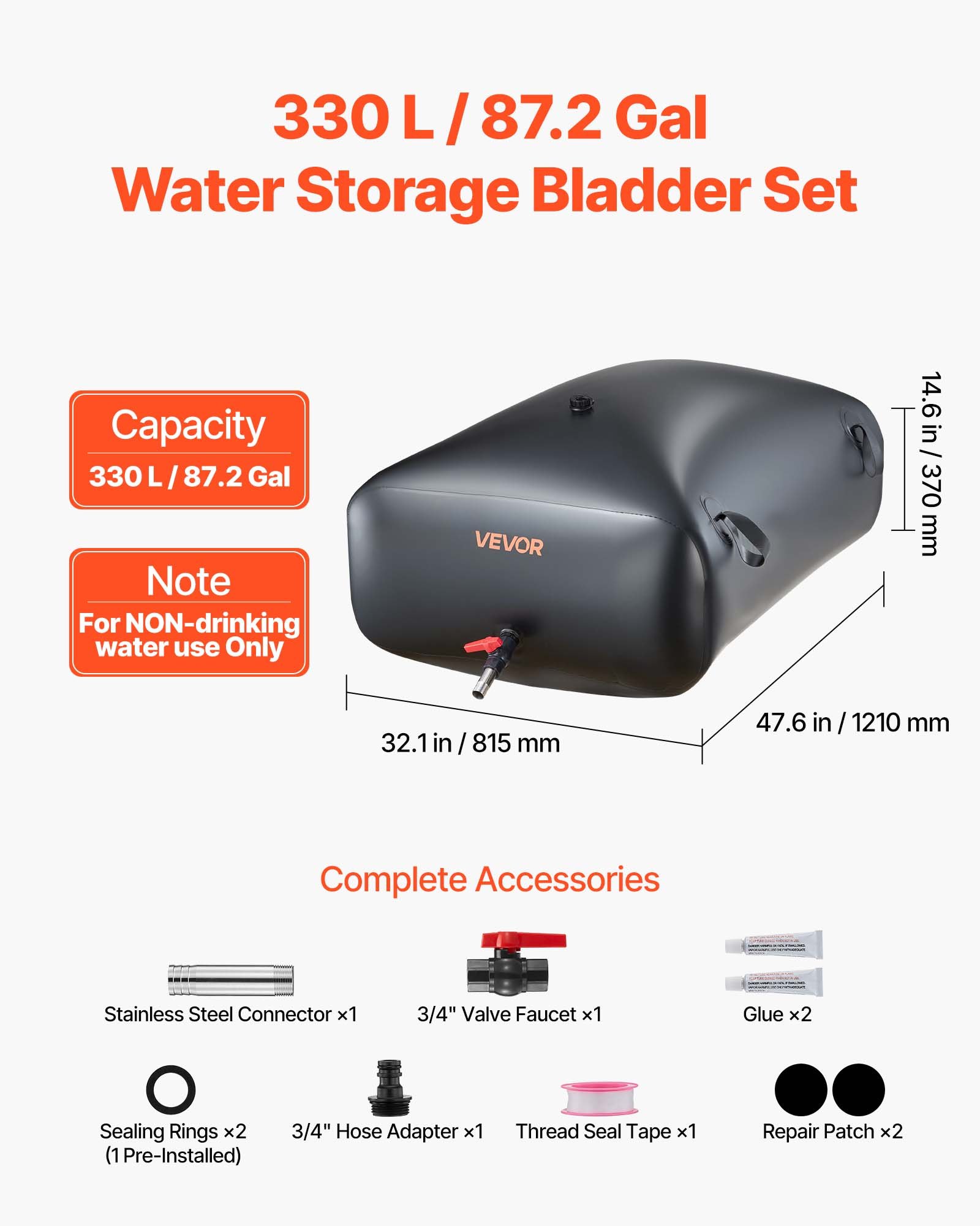VEVOR ​Vejiga del Almacenamiento de Agua con Válvula 330 L, Bolsa de Agua de PVC Doble Capa 1000D, Portátil y Plegable, Resistente a Fugas, para Autocaravanas, Camiones, Uso en Exteriores, Negro
