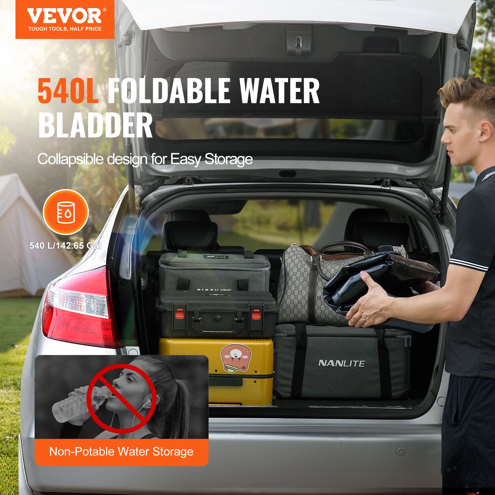 VEVOR Vejiga de Almacenamiento de Agua 540L Tanque de Agua Plegable de PVC 1000D Contenedor Blando de Agua de Portátil Bolsa de Agua Gran Capacidad para Prevención de Incendios, Autocaravana, Negro