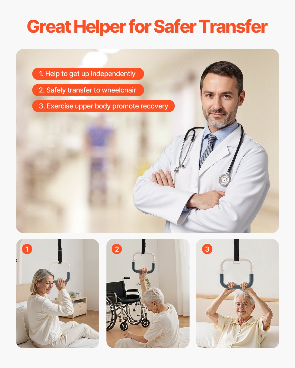 VEVOR Bed Hoist with Trapezoidal Handle, Height-Adjustable Patient Lift with 2 Wheels, Bed Lift with a Load Capacity of up to 158 kg, Mobile Standing Aid for Elderly, Disabled and Bedridden Patients