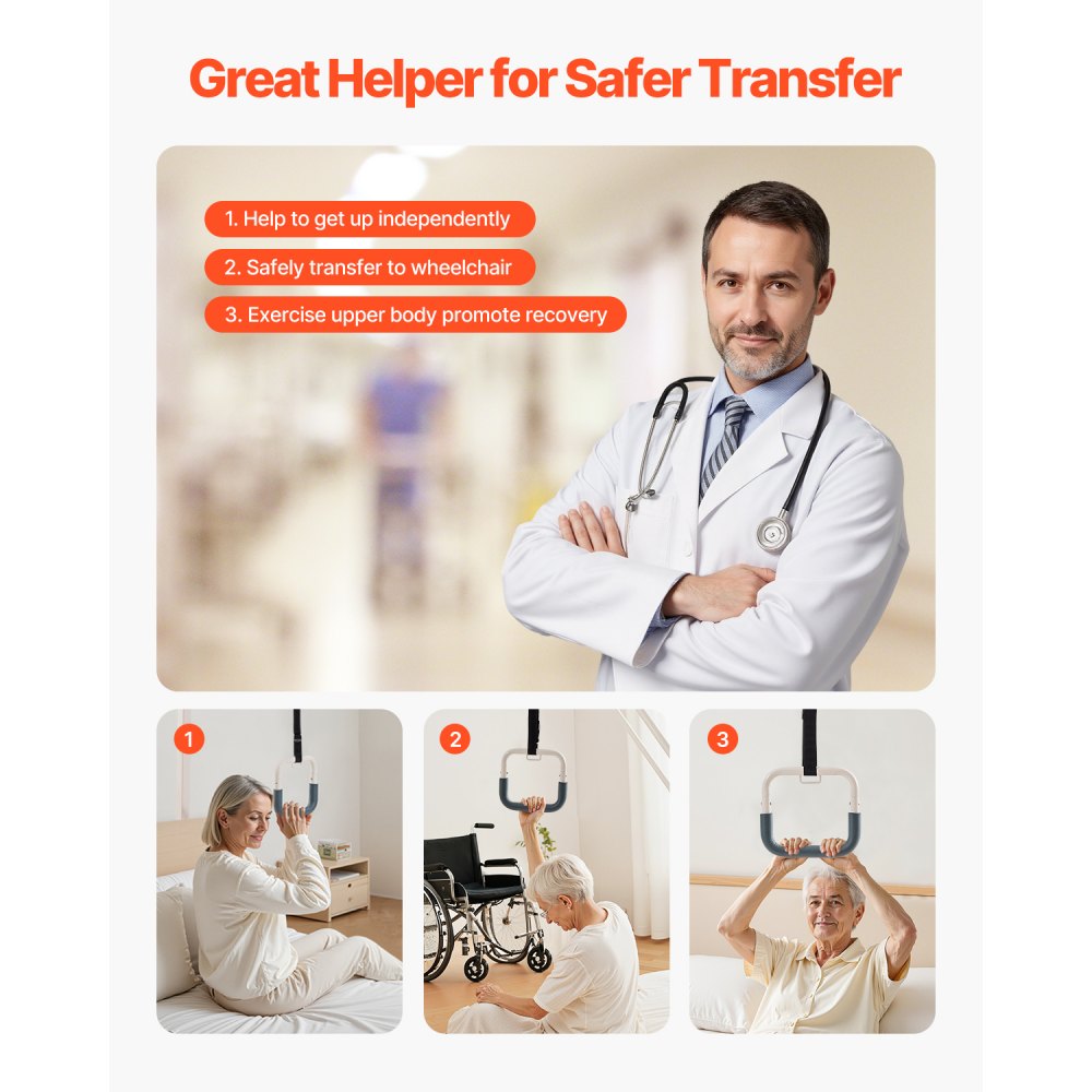 VEVOR Barra de Trapecio para Movilidad en Cama, Acero Resistente, con Capacidad de 113 kg, Ayuda para Levantarse en Cama de Hospital para Personas Mayores y Discapacitadas, 965 x 770 x 1720 mm