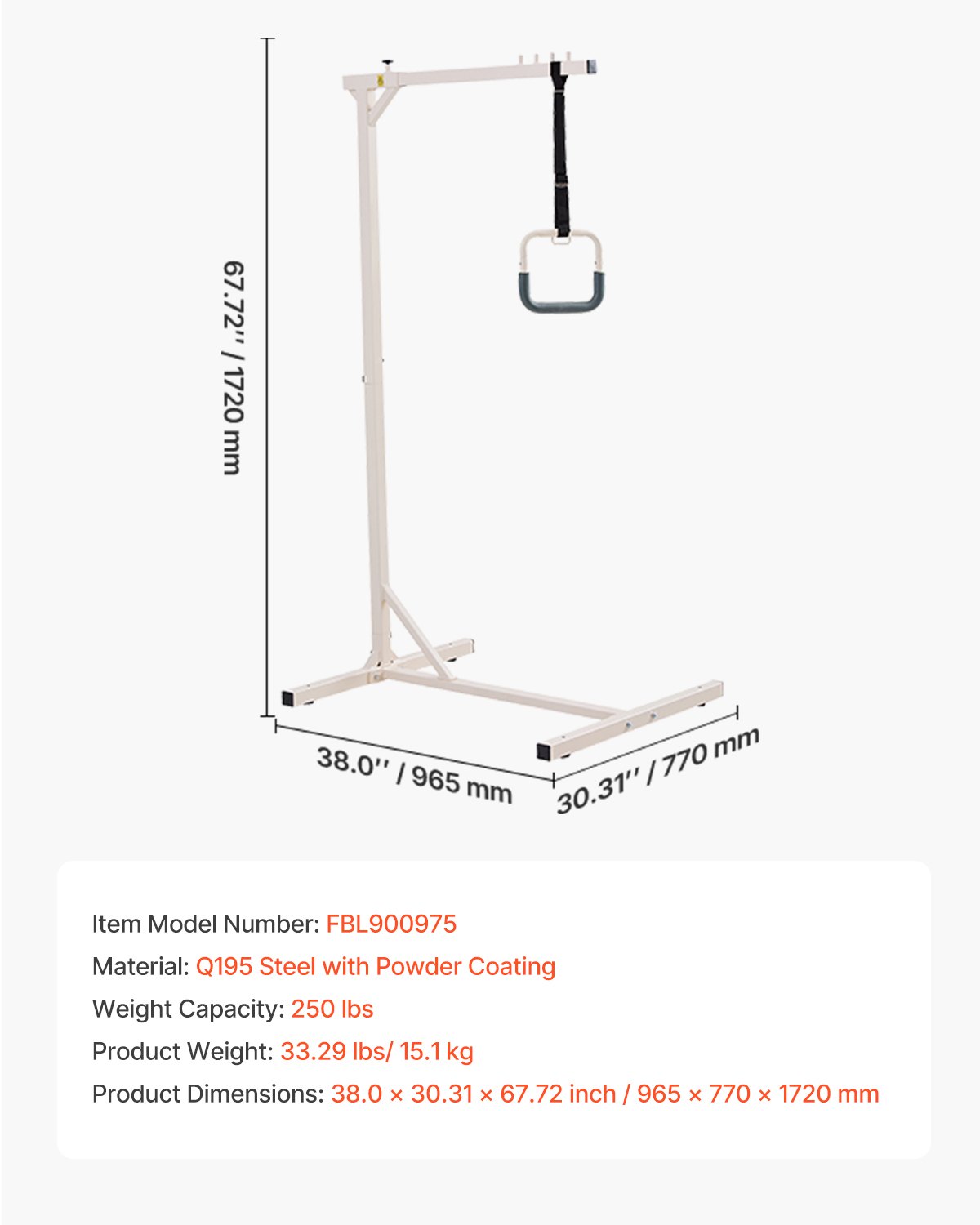 VEVOR Barra de Trapecio para Movilidad en Cama, Acero Resistente, con Capacidad de 113 kg, Ayuda para Levantarse en Cama de Hospital para Personas Mayores y Discapacitadas, 965 x 770 x 1720 mm