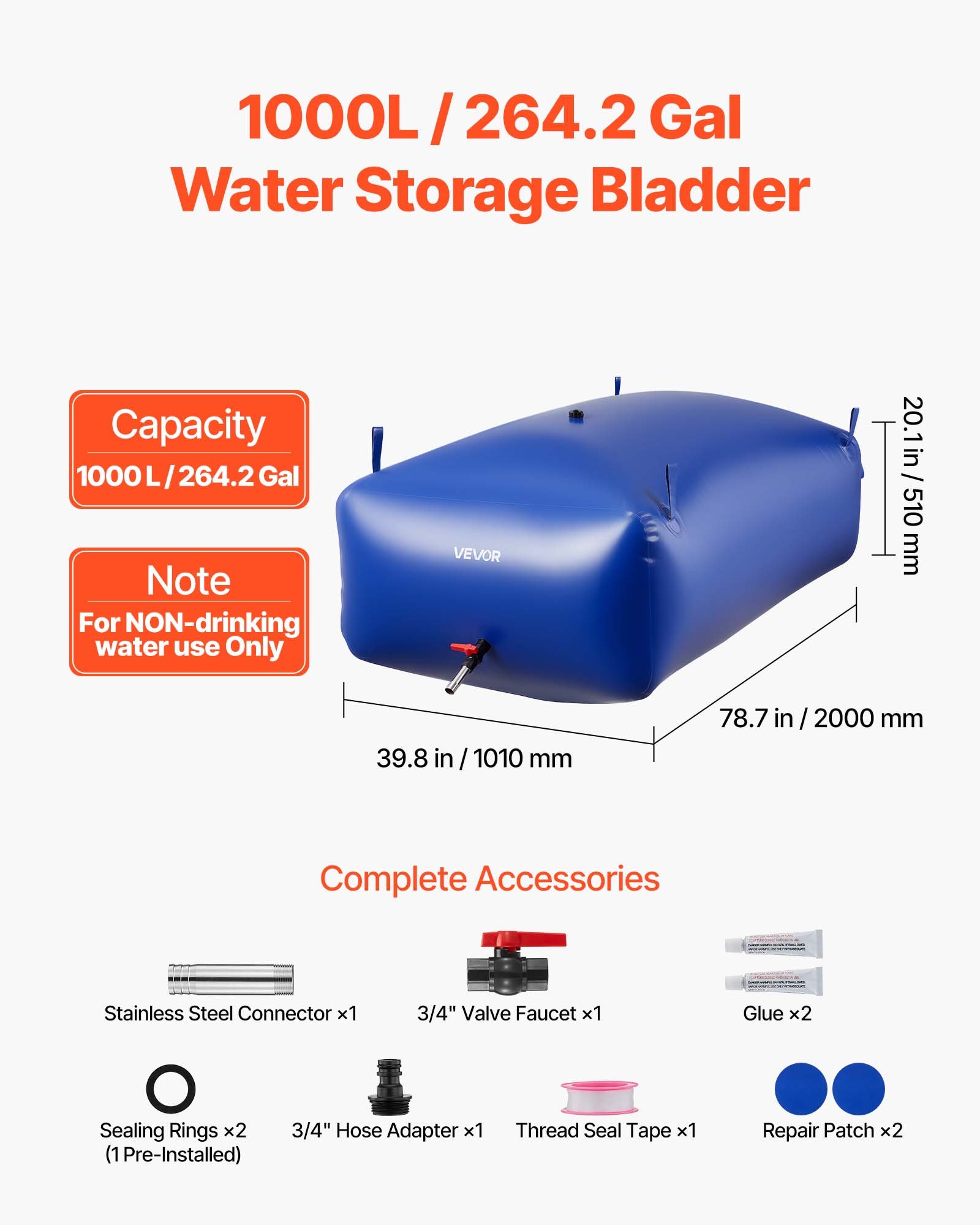 VEVOR ​Vejiga del Almacenamiento de Agua con Válvula 1000 L, Bolsa de Agua de PVC Doble Capa 1000D, Portátil y Plegable, Resistente a Fugas, para Autocaravanas, Camiones, Uso en Exteriores, Azul