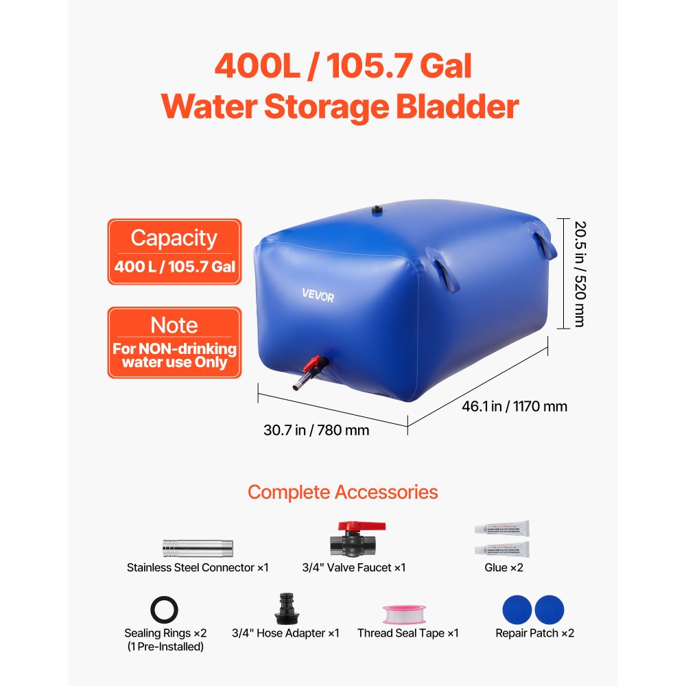VEVOR ​Vejiga del Almacenamiento de Agua con Válvula 400 L, Bolsa de Agua de PVC Doble Capa 1000D, Portátil y Plegable, Resistente a Fugas, para Autocaravanas, Camiones, Uso en Exteriores, Azul