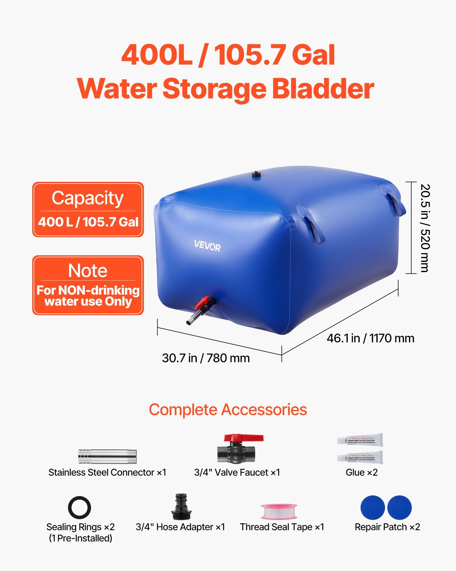 VEVOR ​Vejiga del Almacenamiento de Agua con Válvula 400 L, Bolsa de Agua de PVC Doble Capa 1000D, Portátil y Plegable, Resistente a Fugas, para Autocaravanas, Camiones, Uso en Exteriores, Azul