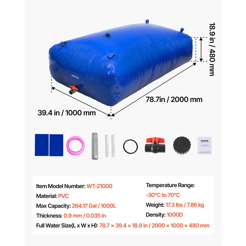 VEVOR Tanque de Agua Blanda, Depósito de Agua Flexible Plegable de PVC 1000D, Bolsa Flexible Portátil de Gran Capacidad de 1000 L para Riego de Jardines, Camping y Prevención de Incendios, Azul
