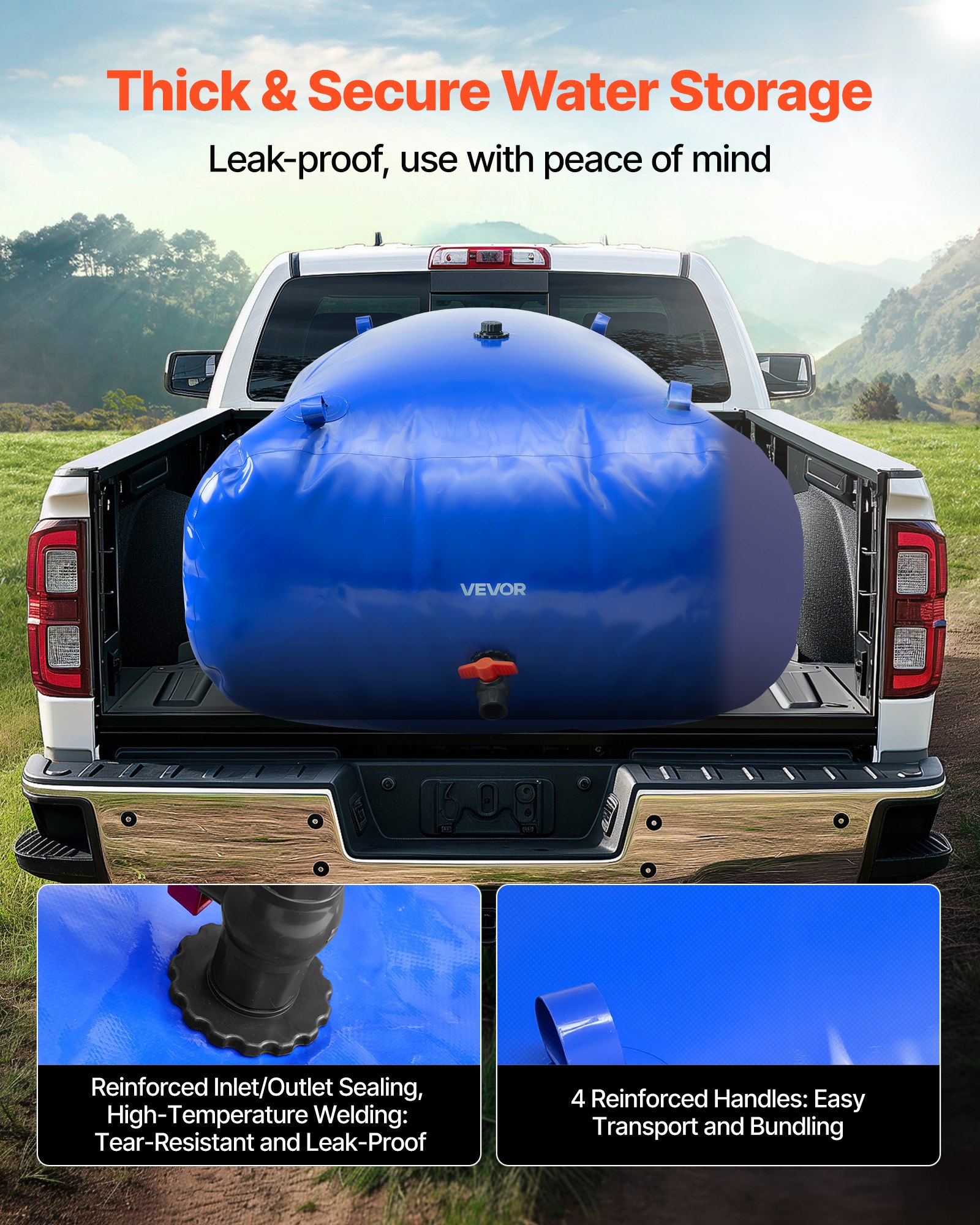 VEVOR Tanque de Agua Blanda, Depósito de Agua Flexible Plegable de PVC 1000D, Bolsa Flexible Portátil de Gran Capacidad de 1000 L para Riego de Jardines, Camping y Prevención de Incendios, Azul