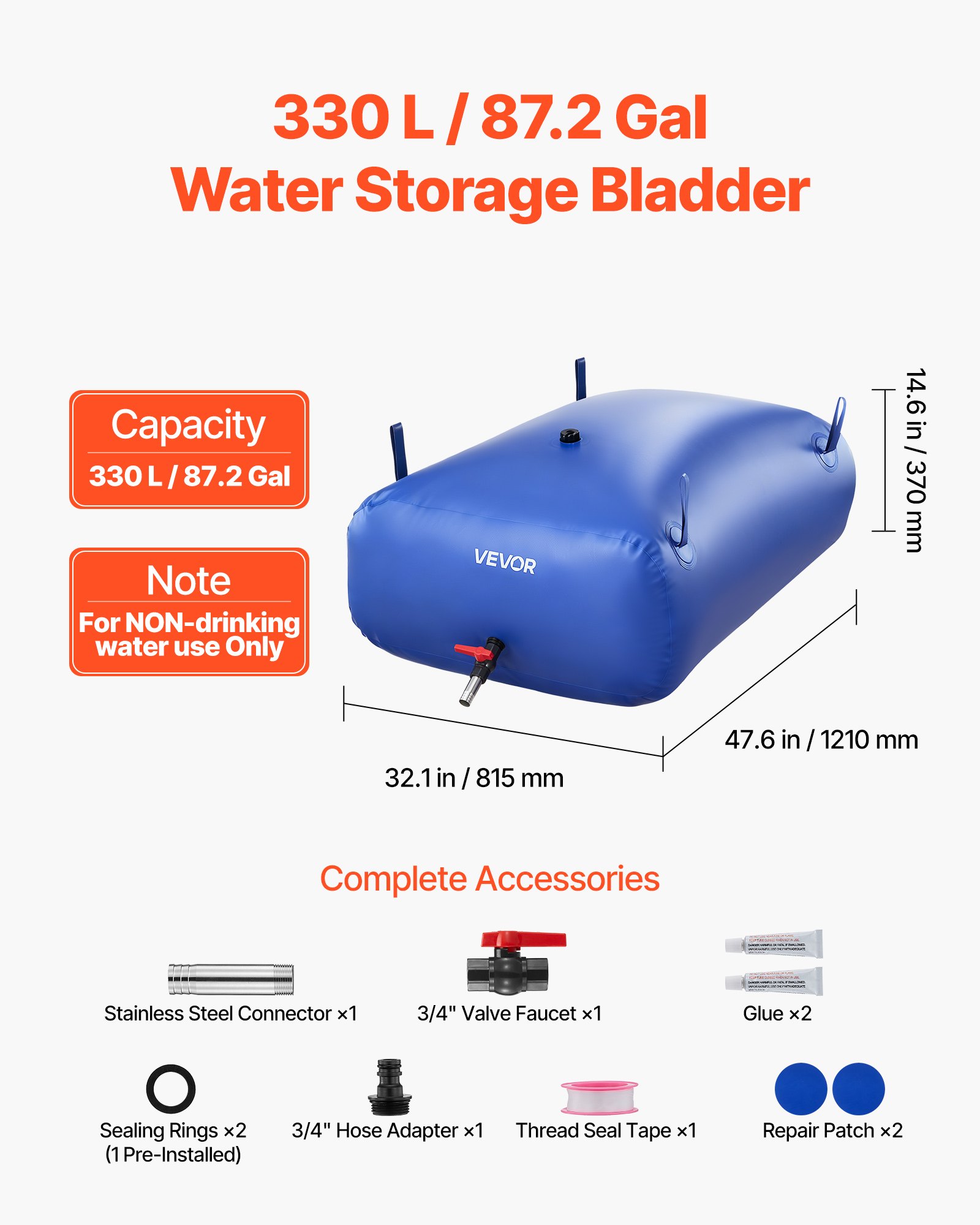 VEVOR ​Vejiga del Almacenamiento de Agua con Válvula 300 L, Bolsa de Agua de PVC Doble Capa 1000D, Portátil y Plegable, Resistente a Fugas, para Autocaravanas, Camiones, Uso en Exteriores, Azul