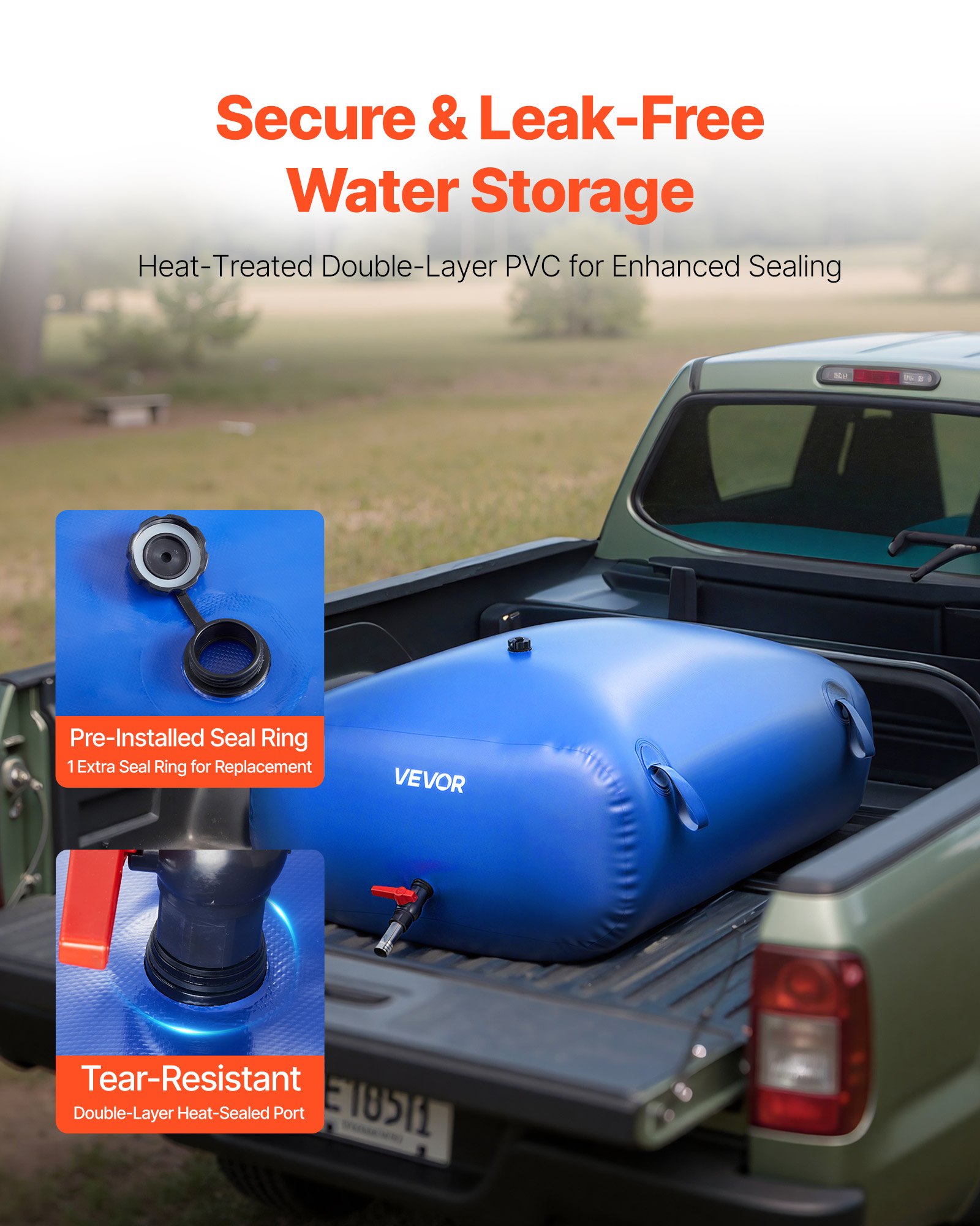 VEVOR ​Vejiga del Almacenamiento de Agua con Válvula 300 L, Bolsa de Agua de PVC Doble Capa 1000D, Portátil y Plegable, Resistente a Fugas, para Autocaravanas, Camiones, Uso en Exteriores, Azul