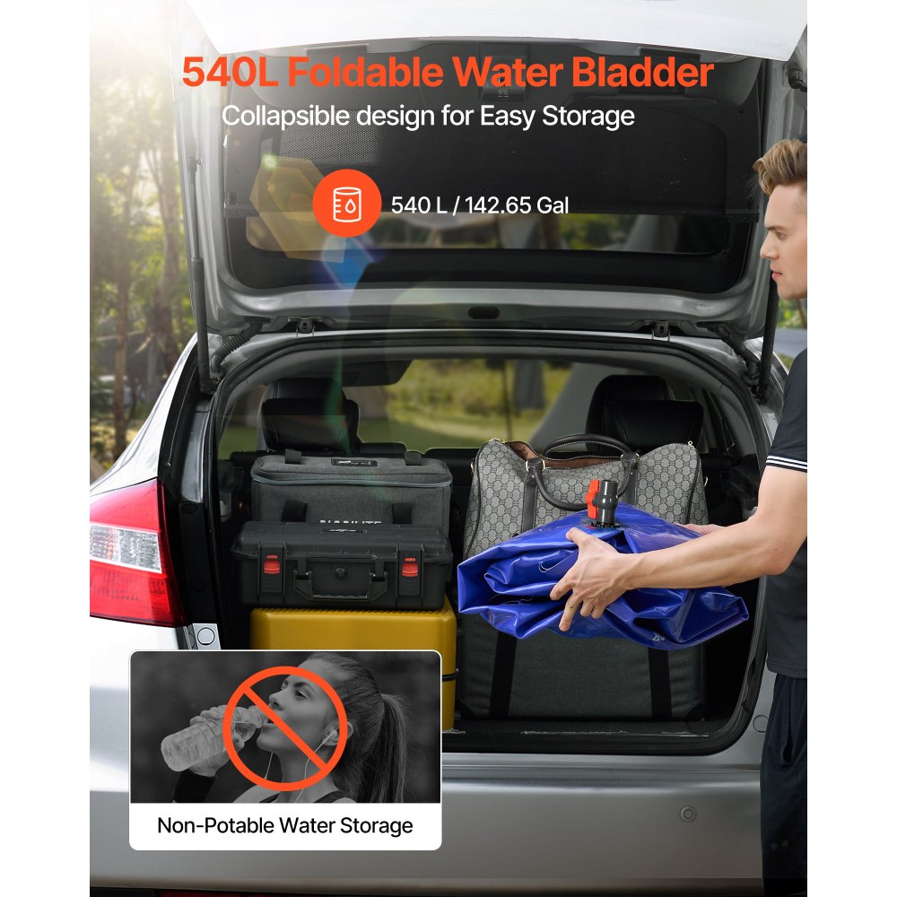 VEVOR Tanque de Agua Blanda, Depósito de Agua Flexible Plegable de PVC 1000D, Bolsa Flexible Portátil de Gran Capacidad de 540 L para Riego de Jardines, Camping y Prevención de Incendios, Azul