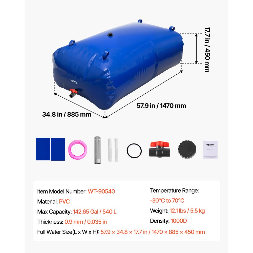 VEVOR Tanque de Agua Blanda, Depósito de Agua Flexible Plegable de PVC 1000D, Bolsa Flexible Portátil de Gran Capacidad de 540 L para Riego de Jardines, Camping y Prevención de Incendios, Azul