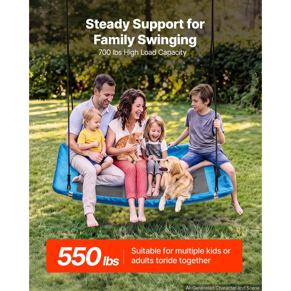 VEVOR Columpio Rectangular 770 x 1490 mm Capacidad de Carga 317 kg Azul, Diversión para Familia Amigos, con 2 Correas y Cuerdas Ajustables, Almohadilla, Kit de Accesorios, para Interior y Exterior