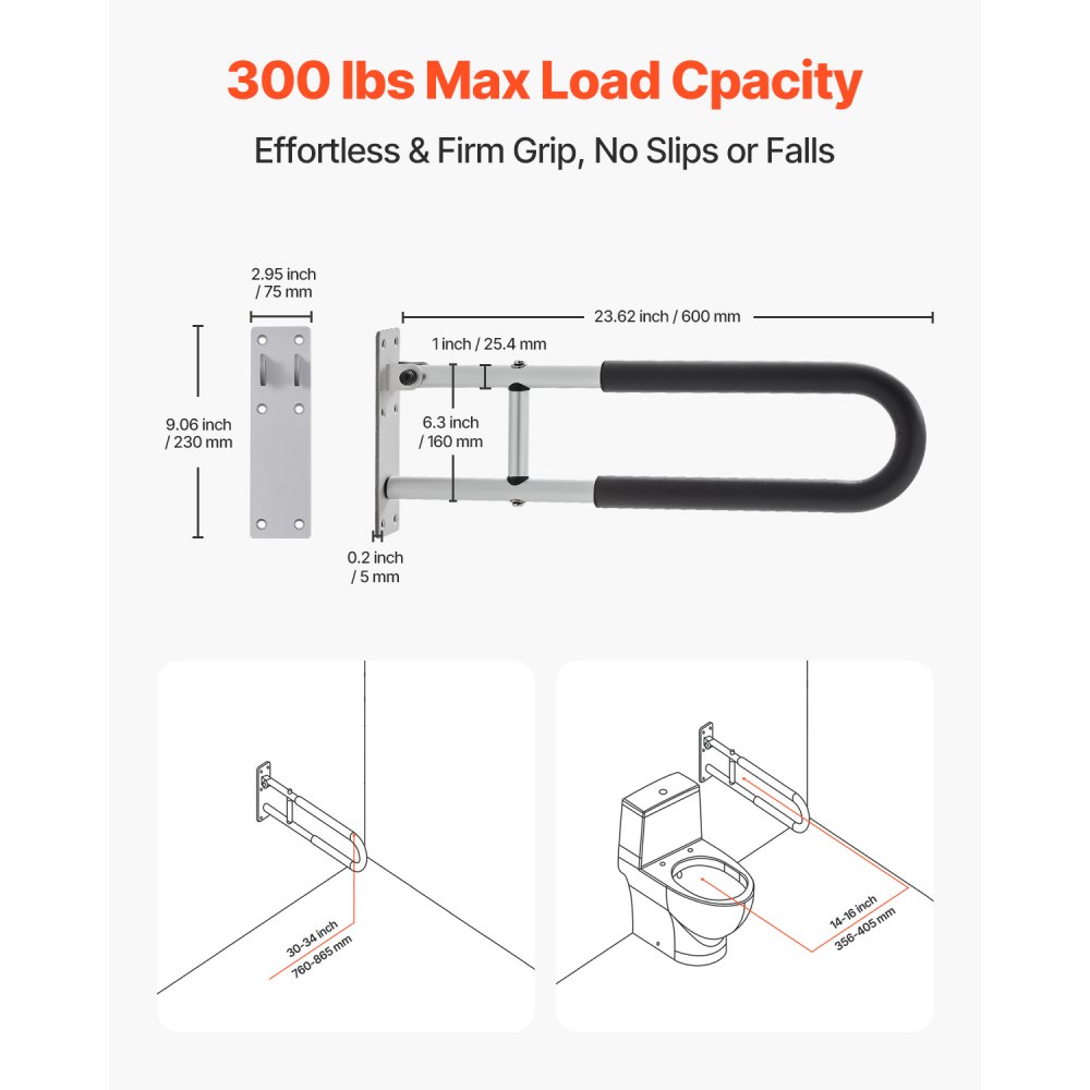 VEVOR Toilet Stand-Up Aid, 605x75x230 mm U-shaped Grab Bar, Wall Support Handle for Seniors, Folding Handle for People with Disabilities, with Non-Slip Grip, 136 kg Load Capacity for Elderly People, Disabled People, Pregnant Women