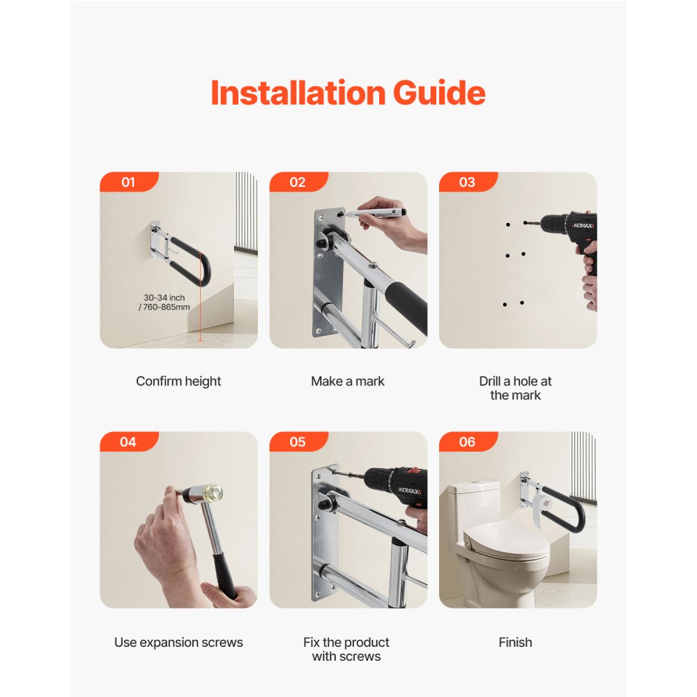 VEVOR Toilet Stand-Up Aid, 76.5 cm Wall Support Grab Bar, Handicap Grab Bar for Seniors, Foldable Toilet Grab Bars with Anti-Slip Grip, 136 kg Load Capacity, Safety Handrail with Toilet Paper Holder