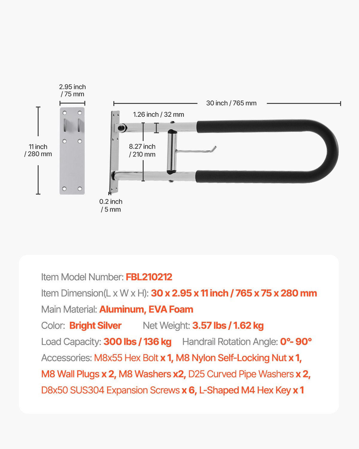 VEVOR Toilet Stand-Up Aid, 76.5 cm Wall Support Grab Bar, Handicap Grab Bar for Seniors, Foldable Toilet Grab Bars with Anti-Slip Grip, 136 kg Load Capacity, Safety Handrail with Toilet Paper Holder