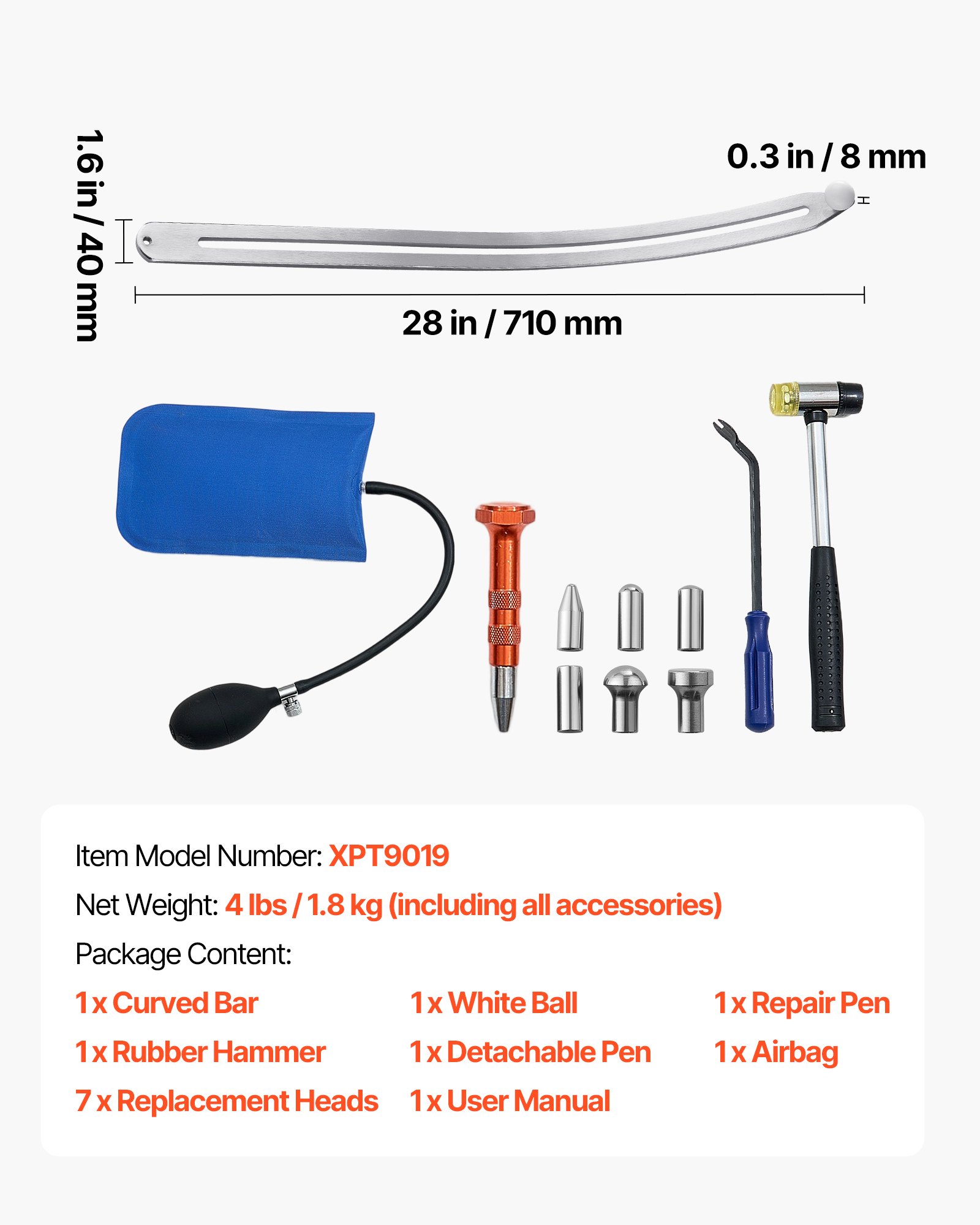 VEVOR Extractor de Abolladuras, para Reparar Daños en Guardabarros de Coche con Barra Curva, Palanca, Martillo de Goma, Pasadores de Reparación Extraíbles para Airbag, con Cabezales de Repuesto