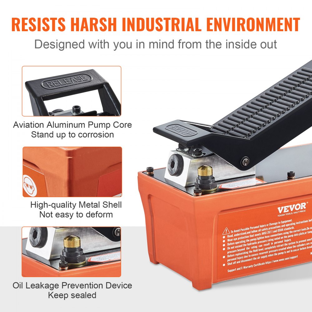VEVOR 1.6L Air-Hydraulic Pump 700bar Hydraulic Pump 0.8L/min (no load) 0.16L/min (load) Hydraulic Foot Pump with 2m Hose Air Foot Pump Foot Operated incl. Air Inlet Adapter PTFE Band