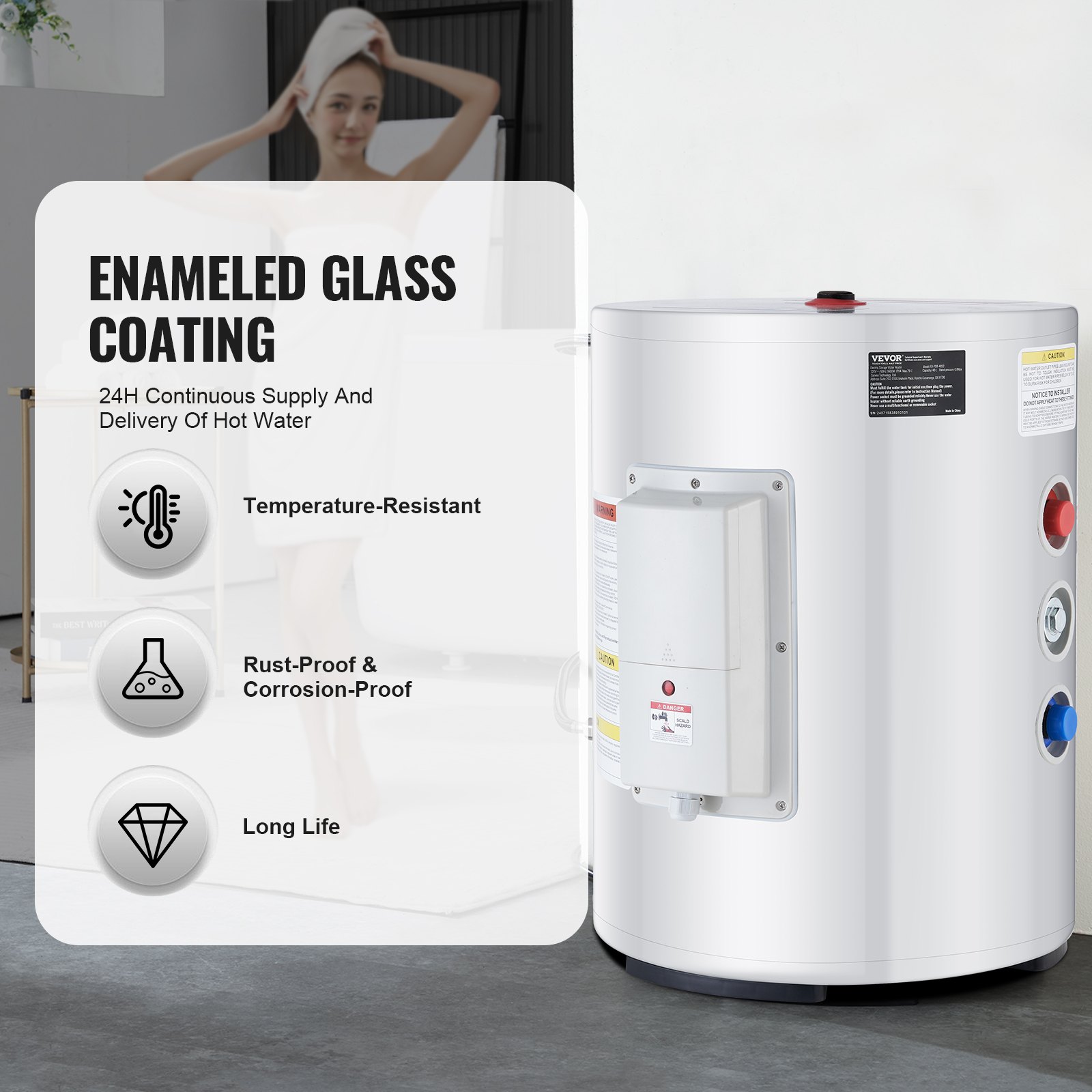 VEVOR Calentador de Agua Eléctrico 1600 W Calentador de Agua con Depósito de 40 L con Pantalla LED, Control de Perilla, Conexión Lateral a Prueba de Agua IPX4, Calentadores a Pedido para Ducha, Baño