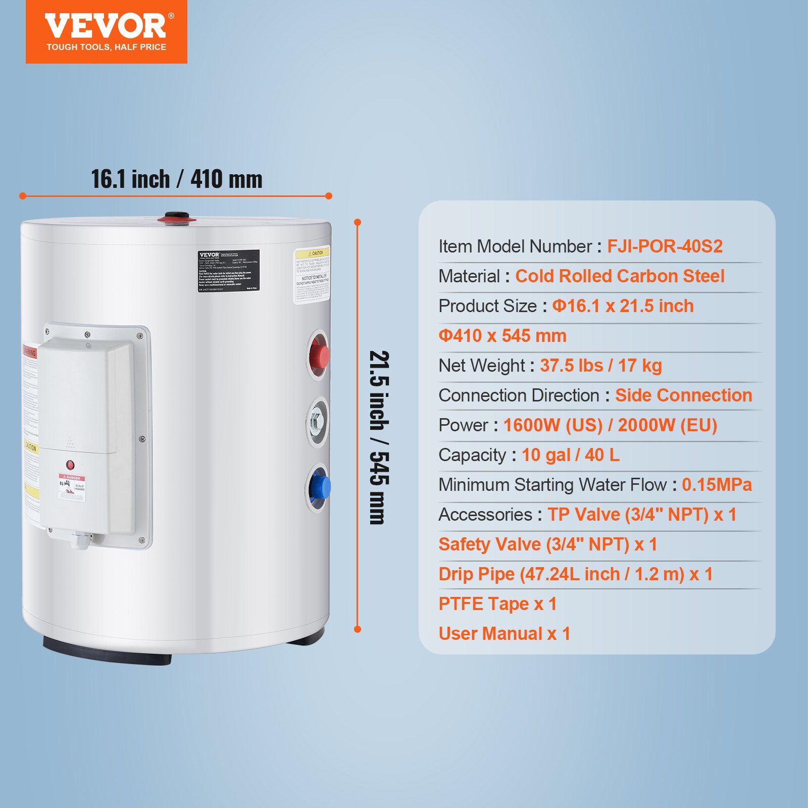 VEVOR Calentador de Agua Eléctrico 1600 W Calentador de Agua con Depósito de 40 L con Pantalla LED, Control de Perilla, Conexión Lateral a Prueba de Agua IPX4, Calentadores a Pedido para Ducha, Baño