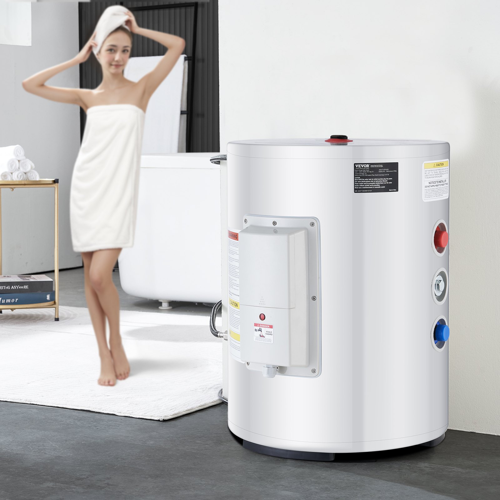 VEVOR Calentador de Agua Eléctrico 1600 W Calentador de Agua con Depósito de 40 L con Pantalla LED, Control de Perilla, Conexión Lateral a Prueba de Agua IPX4, Calentadores a Pedido para Ducha, Baño