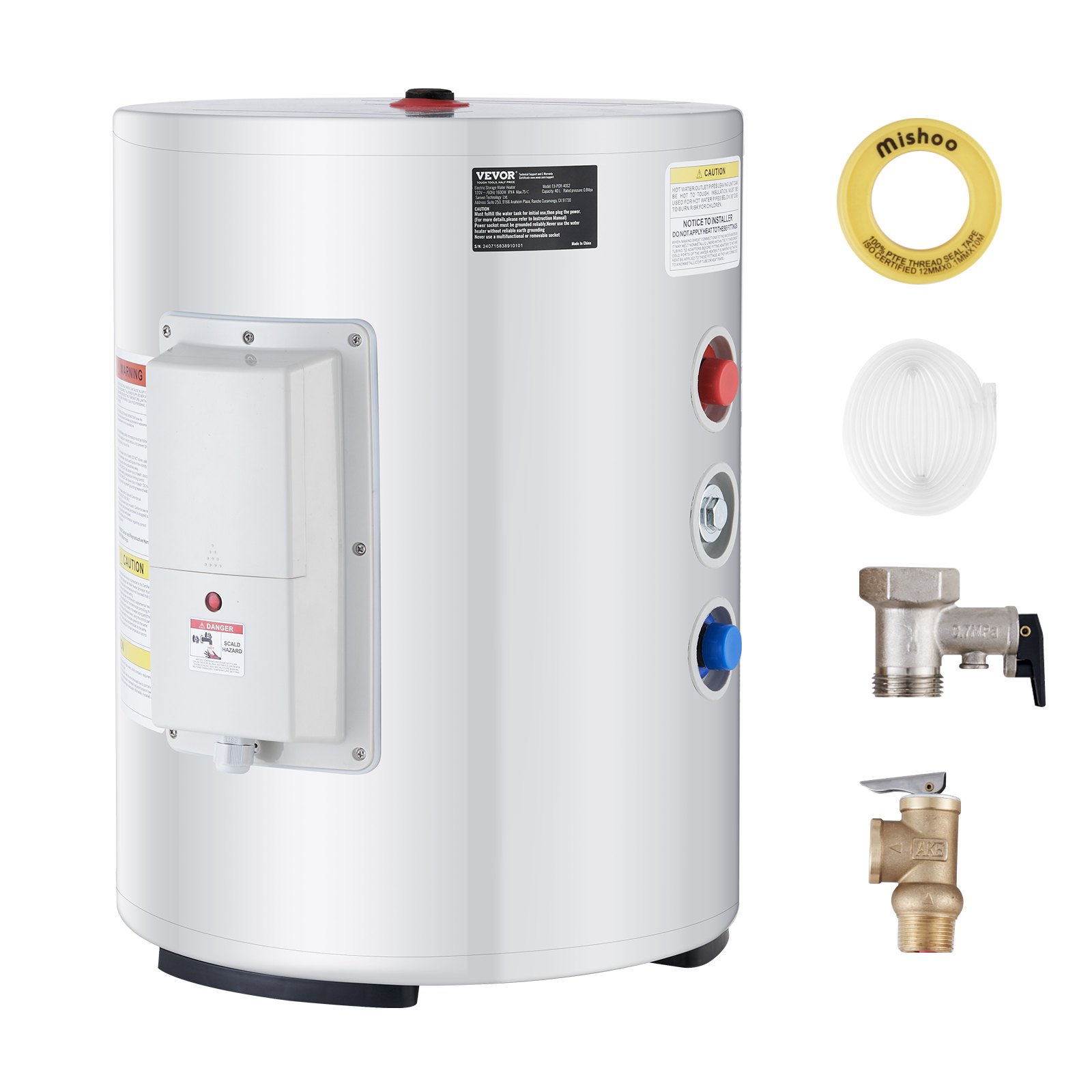 VEVOR Calentador de Agua Eléctrico 1600 W Calentador de Agua con Depósito de 40 L con Pantalla LED, Control de Perilla, Conexión Lateral a Prueba de Agua IPX4, Calentadores a Pedido para Ducha, Baño