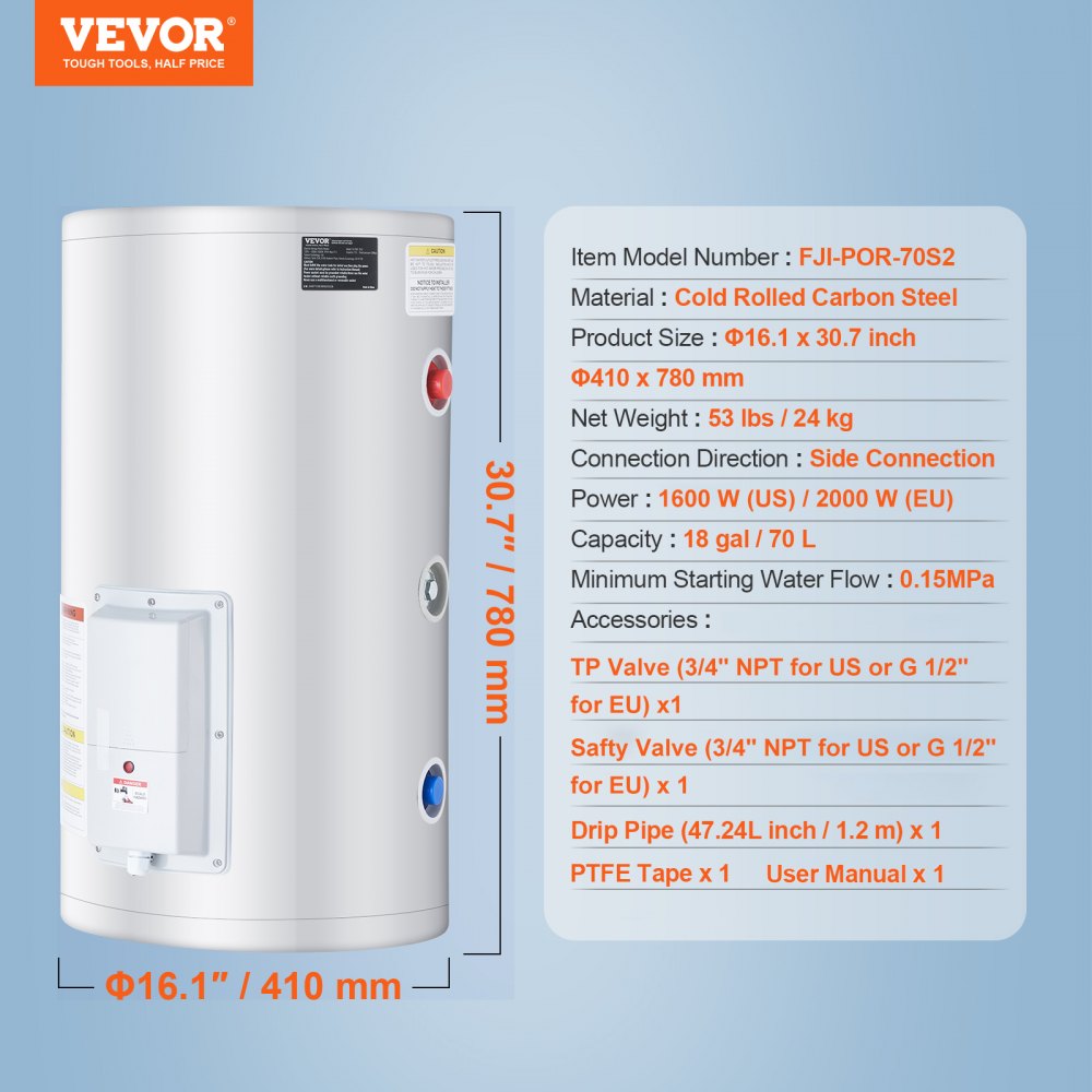 VEVOR Calentador de Agua Eléctrico 2000 W Calentador de Agua con Depósito 70 L con Luz LED, Control de Perilla, Conexión Lateral a Prueba de Agua IPX4, Calentadores a Pedido para Ducha, Baño