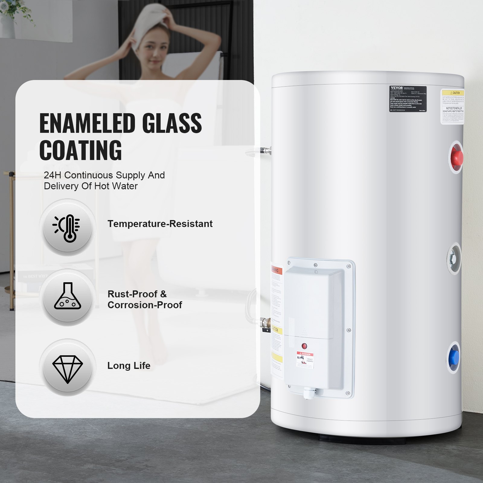VEVOR Calentador de Agua Eléctrico 2000 W Calentador de Agua con Depósito 70 L con Luz LED, Control de Perilla, Conexión Lateral a Prueba de Agua IPX4, Calentadores a Pedido para Ducha, Baño
