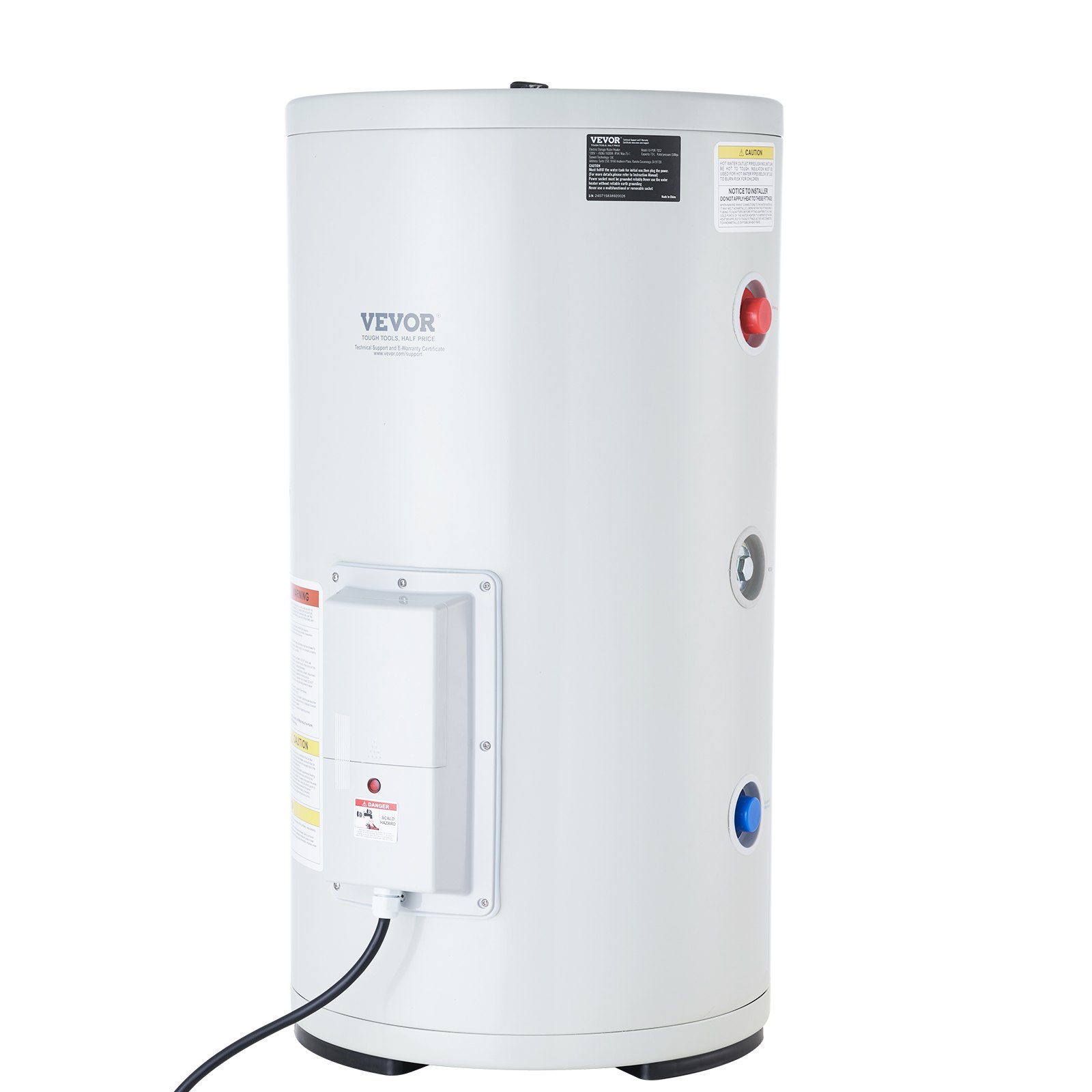 VEVOR Calentador de Agua Eléctrico 2000 W Calentador de Agua con Depósito 70 L con Luz LED, Control de Perilla, Conexión Lateral a Prueba de Agua IPX4, Calentadores a Pedido para Ducha, Baño