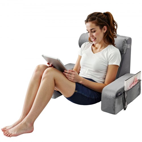 VEVOR Almohada de Lectura, Almohada de Cama Grande con Soporte para el Respaldo, Brazo, 3 Bolsillos, Reposacabezas Extraíble y Esponja 25D, Asa para Facilitar su Transporte para Leer, Jugar, Gris