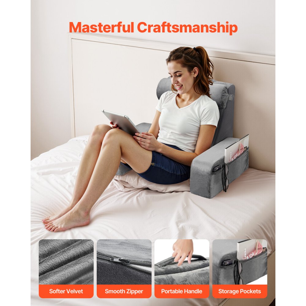 VEVOR Reading Pillow for Bed, Back Pillow with Armrest & 3 Pockets, Large Bed Pillow with Removable Neck Support & 25D Sponge, Handle for Easy Carrying, for Reading, Playing, Resting, Working, Gray