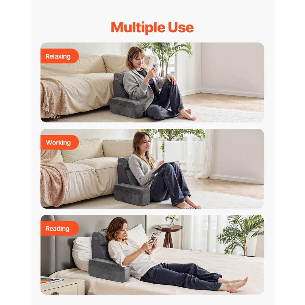 VEVOR Reading Pillow for Bed, Back Pillow with Armrest & 3 Pockets, Large Bed Pillow with Removable Neck Support & 25D Sponge, Handle for Easy Carrying, for Reading, Playing, Resting, Working, Gray