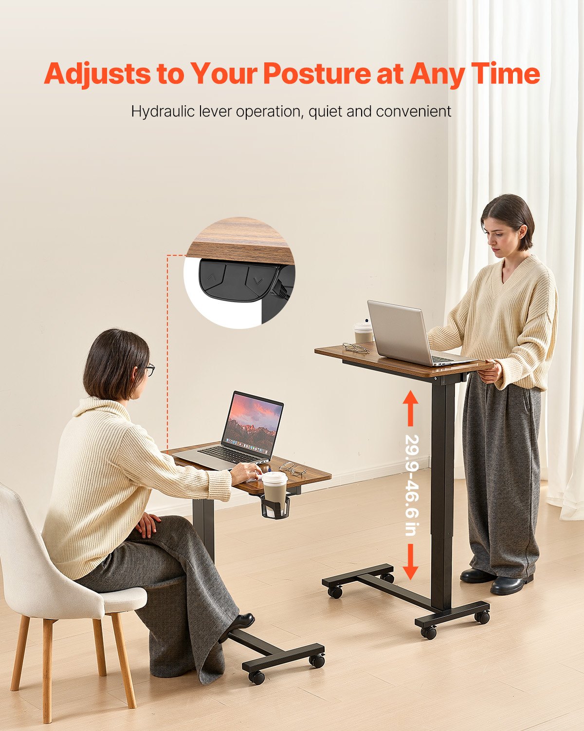 VEVOR Mesa de Cama, Mesa Auxiliar Móvil con 4 Ruedas Elevación Eléctrica con Botón de Actualización Escritorio Rodante Portátil con Portavasos Altura Ajustable para Hogar, Color Madera y Negro