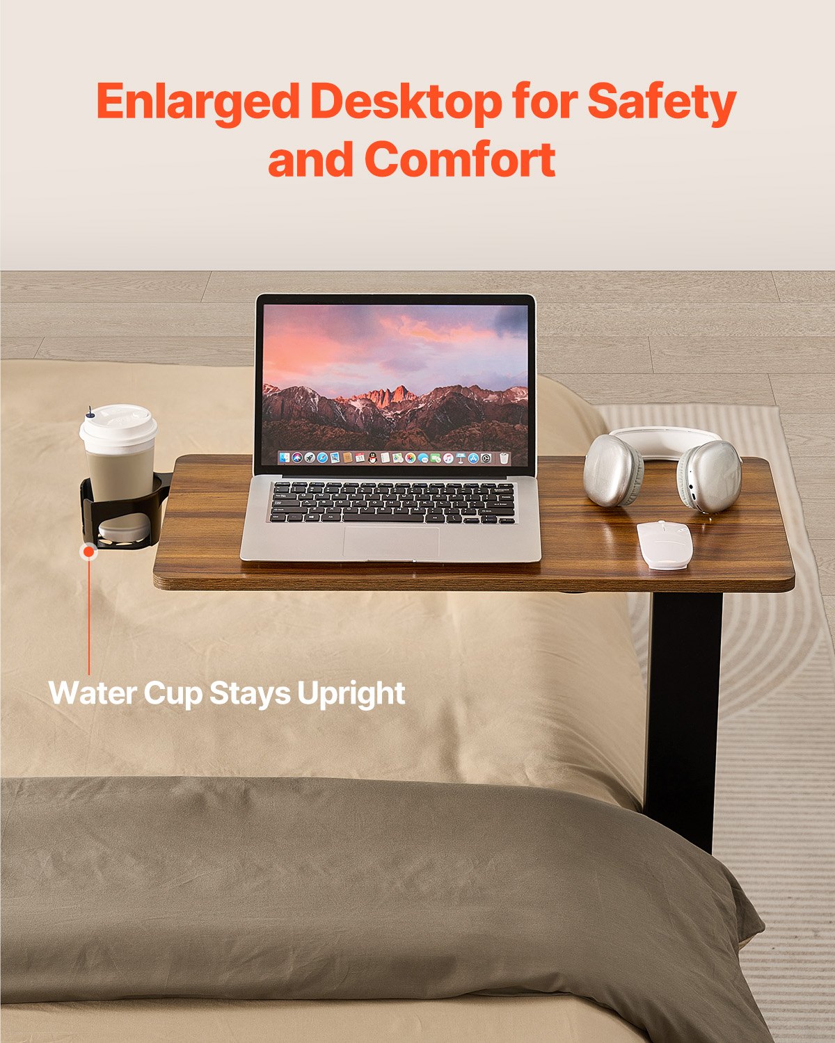 VEVOR Mesa de Cama, Mesa Auxiliar Móvil con 4 Ruedas Elevación Eléctrica con Botón de Actualización Escritorio Rodante Portátil con Portavasos Altura Ajustable para Hogar, Color Madera y Negro