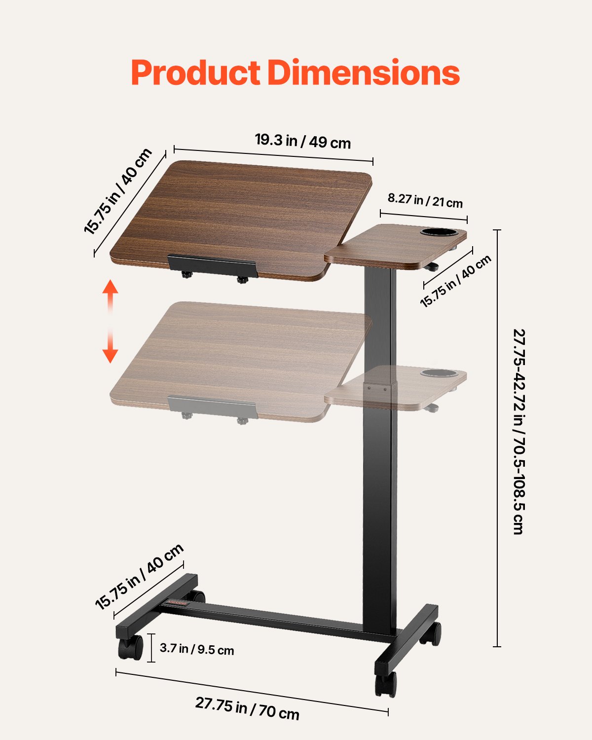 VEVOR Mesa de Cama, Mesa Auxiliar Móvil con Escritorio Abatible y 4 Ruedas Altura y Ángulo Ajustables Escritorio para Portátil con Portavasos para Cama, Hogar y Estudio, Color Madera y Negro
