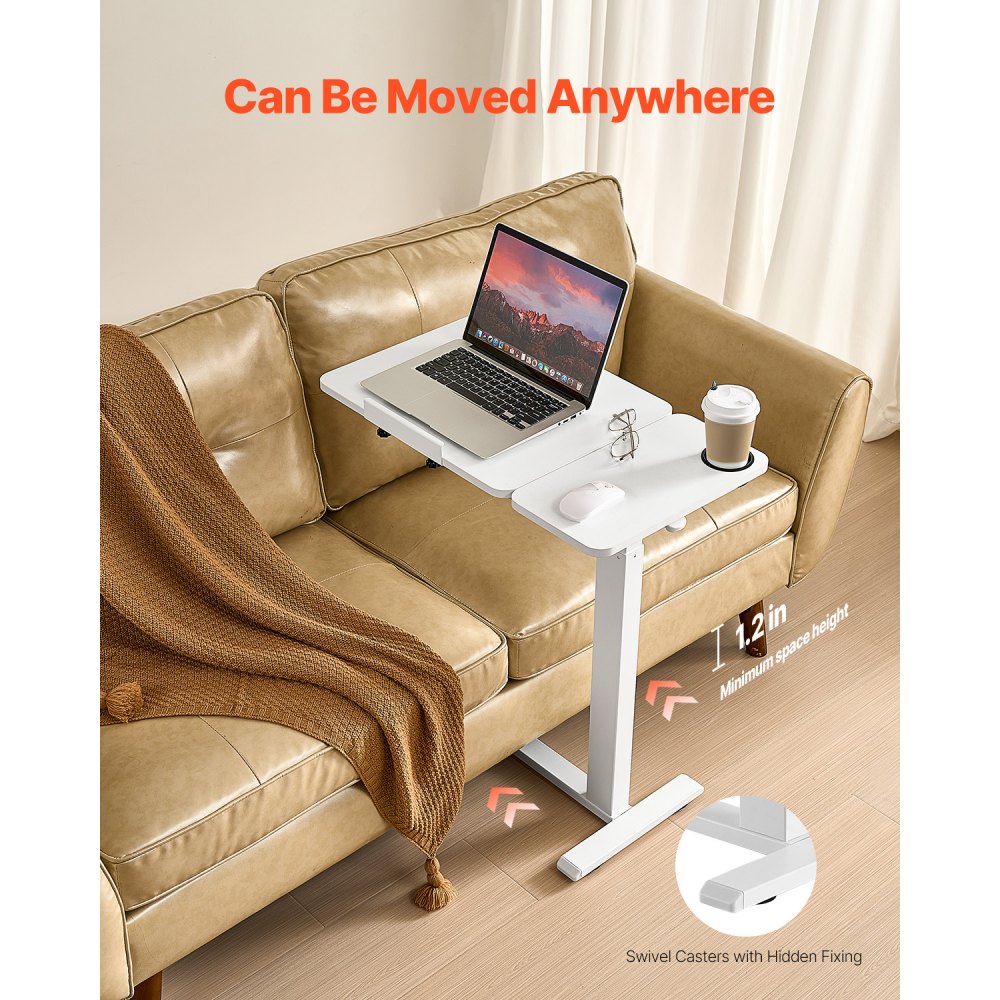 VEVOR Mesa de Cama, Mesa Auxiliar Móvil con Escritorio Abatible y 4 Ruedas Ocultas, Altura y Ángulo Ajustables Escritorio para Portátil con Portavasos para Cama, Hogar, Oficina y Estudio, Blanco