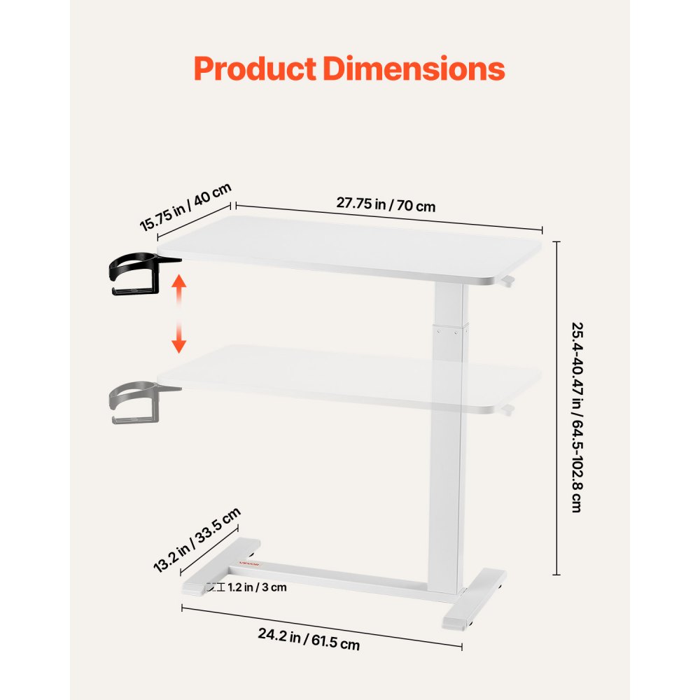 VEVOR Mesa de Cama, Mesa Auxiliar Móvil con 4 Ruedas Ocultas, Altura Ajustable Escritorio para Portátil con Portavasos, Escritorio Portátil de Aglomerado para Cama, Oficina y Estudio, Blanco